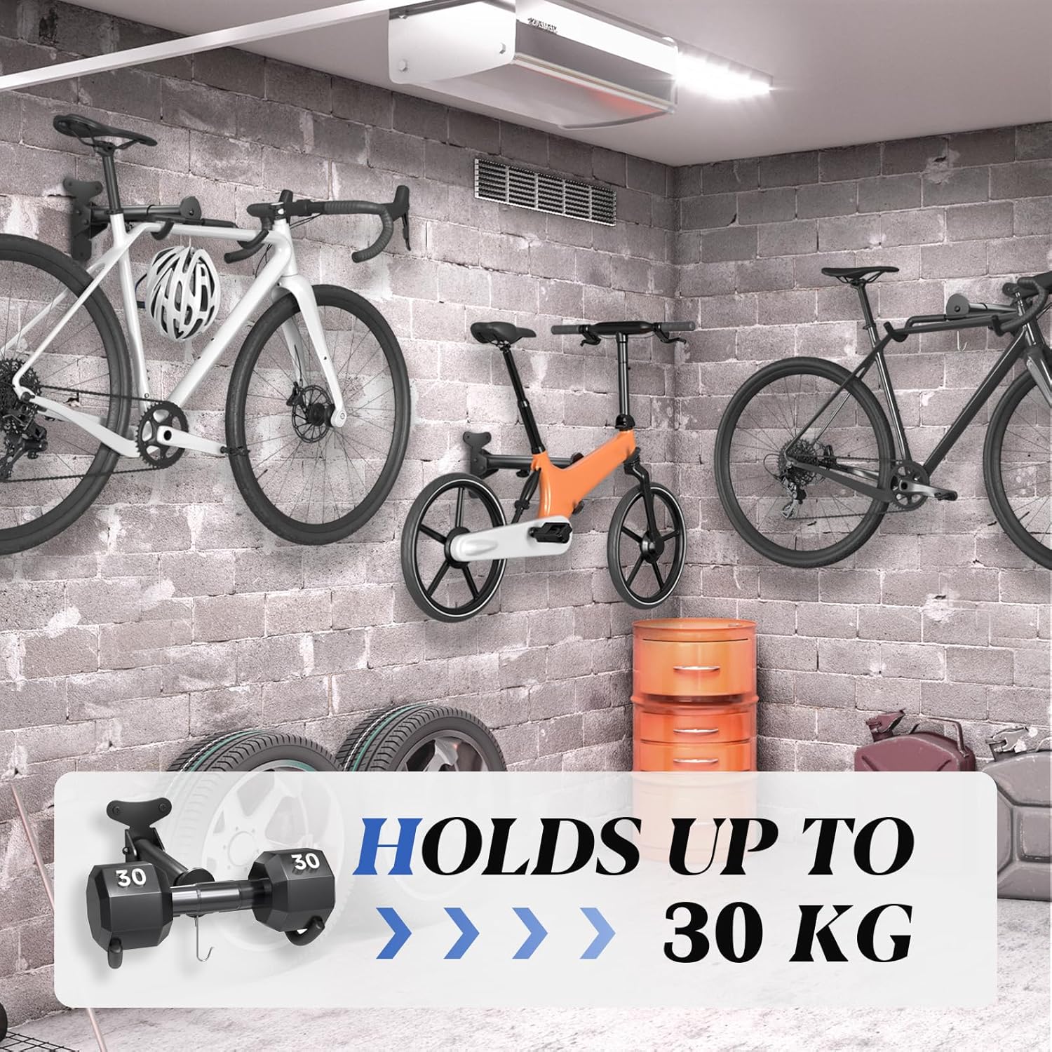 Detalle de WELDUN Bike Wall Mount with Foldable Rack & Helmet Hook – Adjustable 21–30 cm Storage for Up to 30 kg