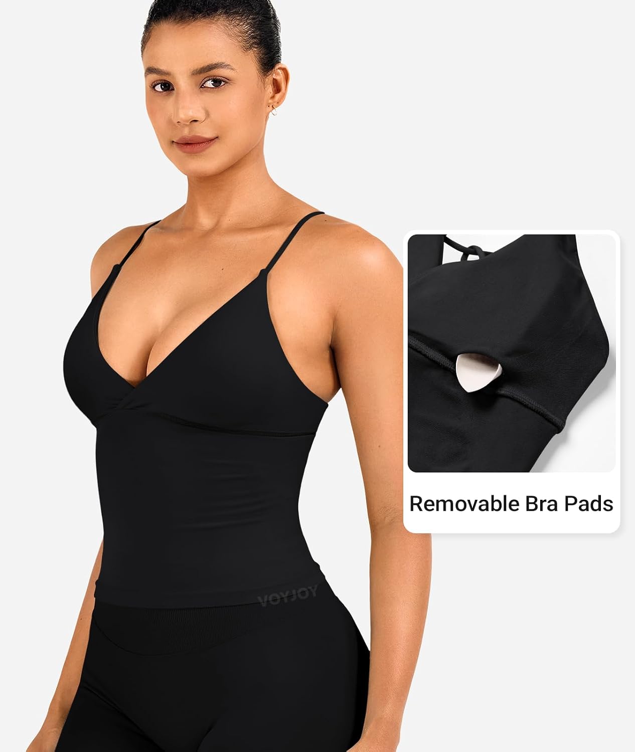 Detalle 2 de VOYJOY Twist Front Longline Workout Tank Top with Deep V Back and Light Support