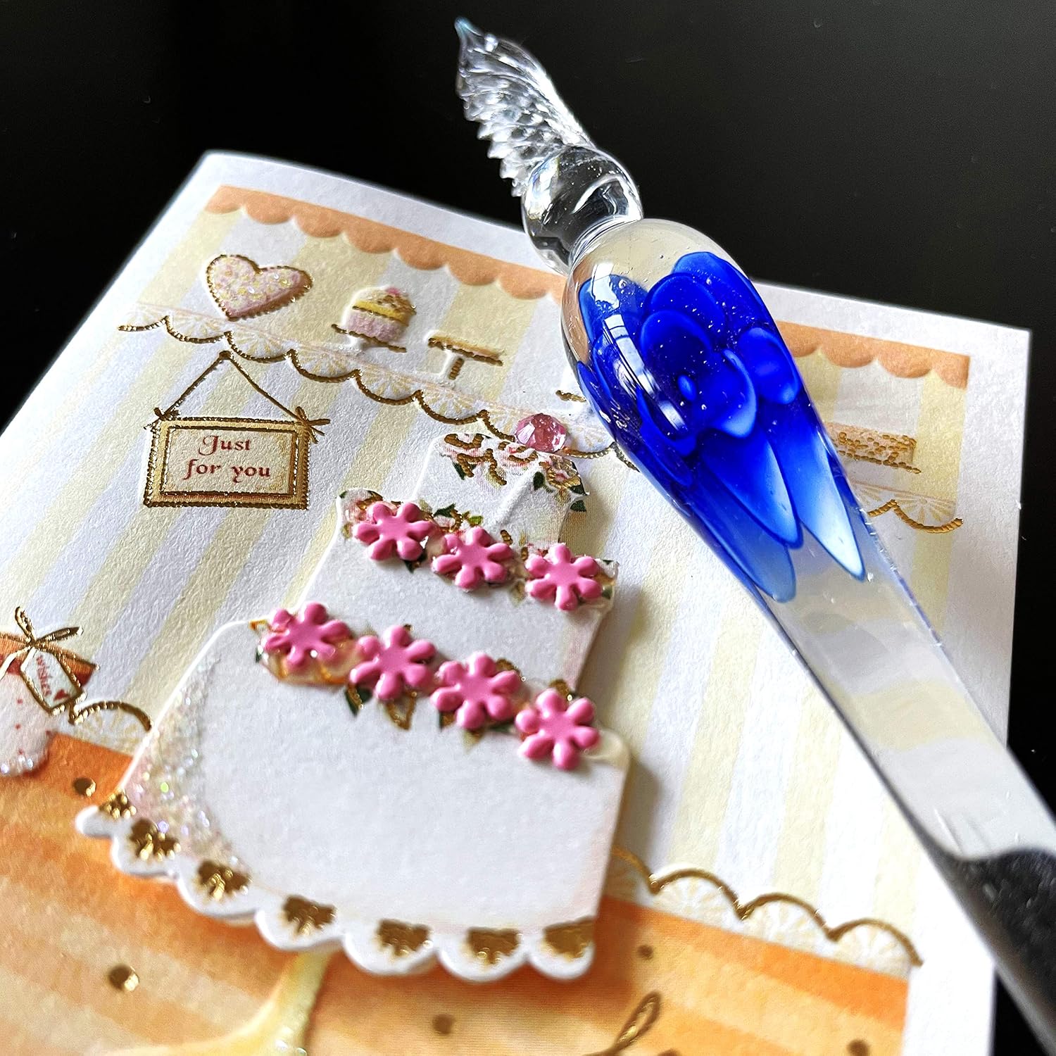 Detalle 2 de EACHHAHA Glass Dip Pen – Crystal Blue Flower 3‑Piece Set