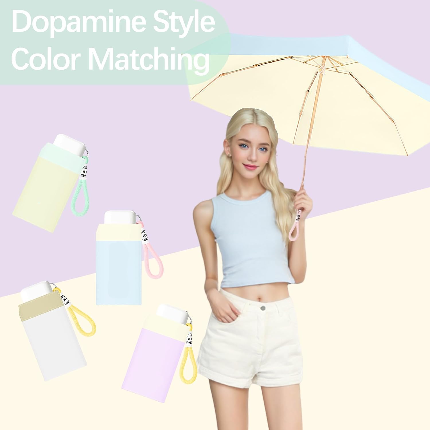 Thumbnail 5 de Macaron Style Mini Folding Travel Umbrella with Braided Lanyard Keychain and Flat Handle