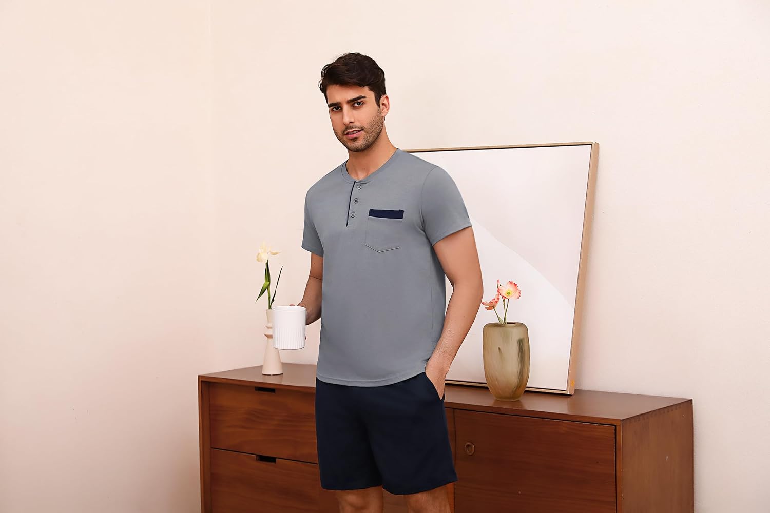 Detalle 2 de Aseniza Herren Schlafanzug Kurz Baumwolle Pyjamaset – Sommer Shorty, O-Ausschnitt, Zweiteilig