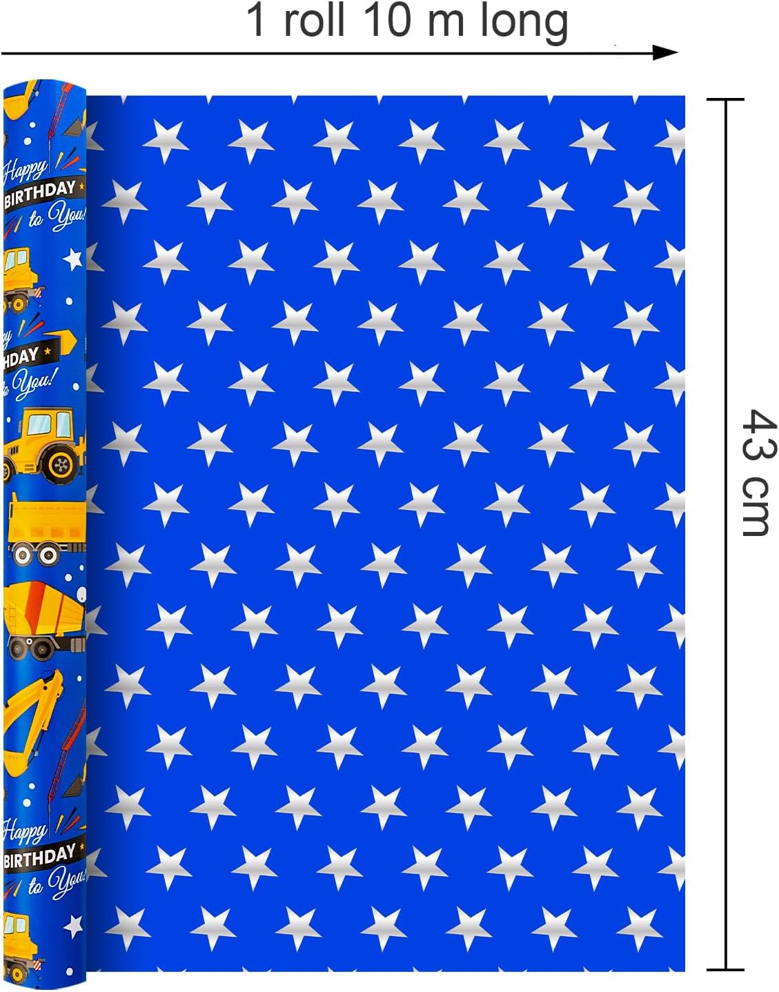 Thumbnail 3 de Wikadlik Geburtstags-Geschenkpapierrolle mit Traktor-LKW-Design, 43 cm x 10 m (tiefblau, silberner Stern)