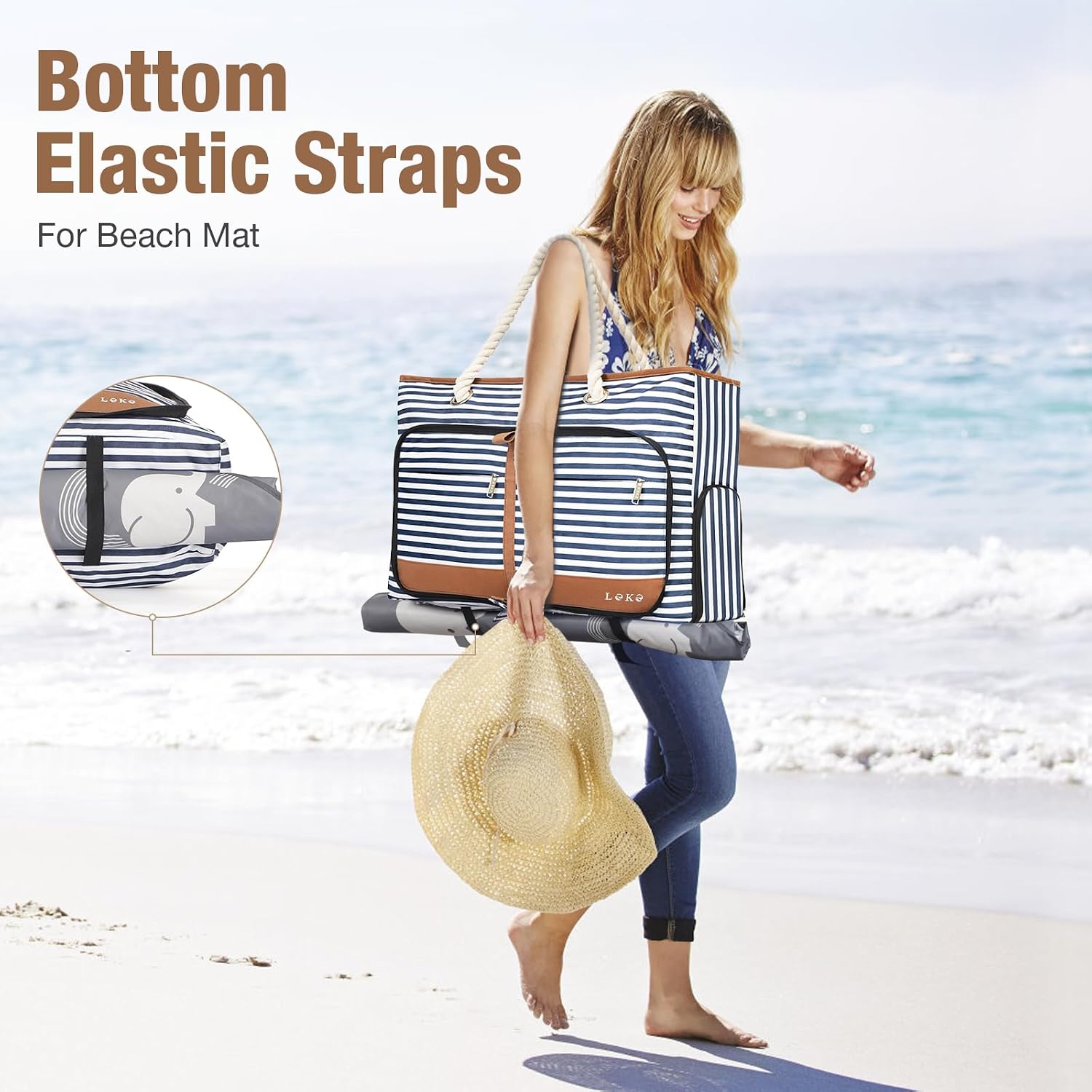 Thumbnail 6 de Lekespring Waterproof Beach Bag for Women – Blue Striped 35L Tote with Zip, Shoe Compartment and Elastic Bottom Straps