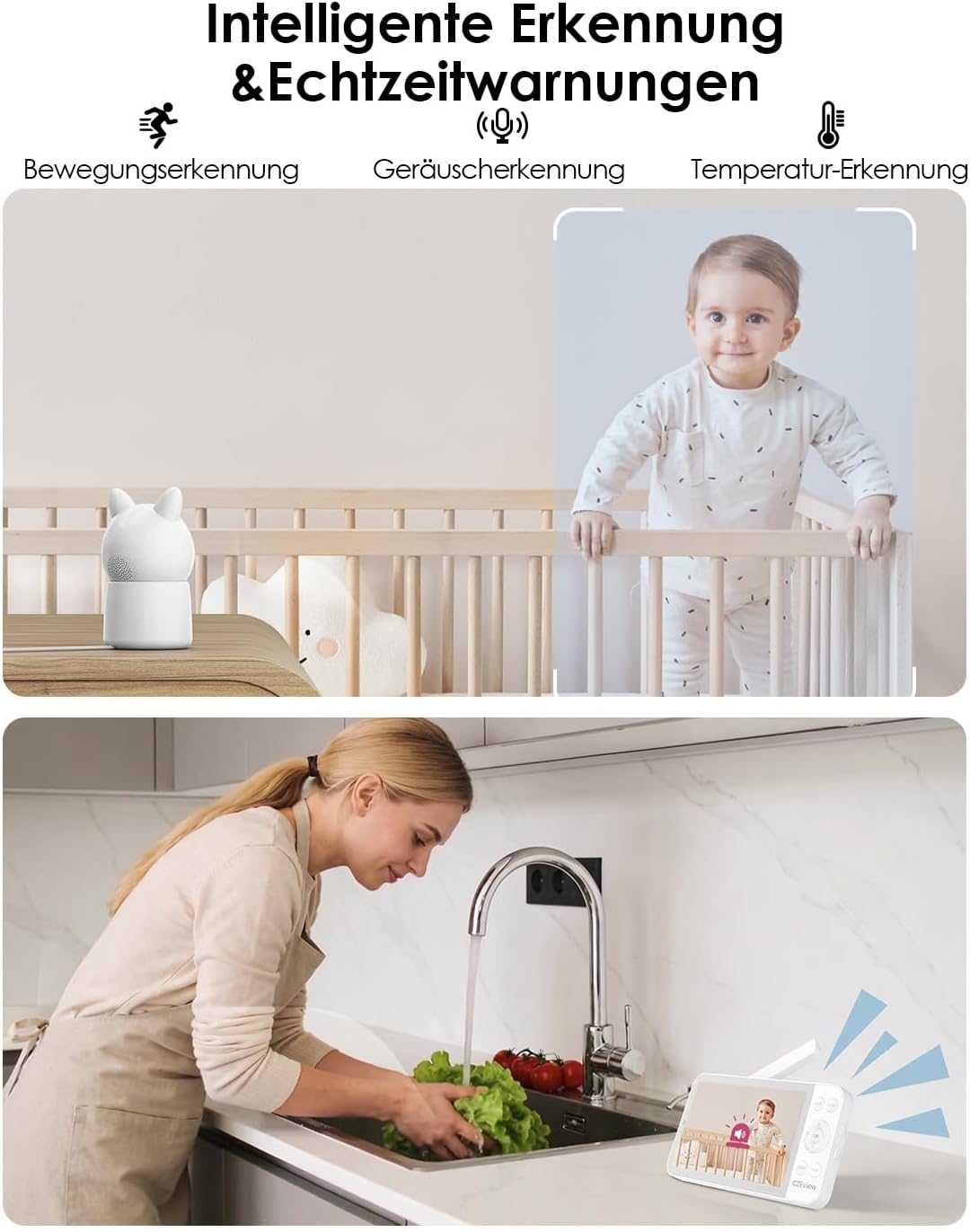 Thumbnail 3 de CZEview Babyphone mit 2 Kameras, 2.5K-Nachtsicht & 5,5-Zoll-HD-Bildschirm (WLAN-App, 360°)