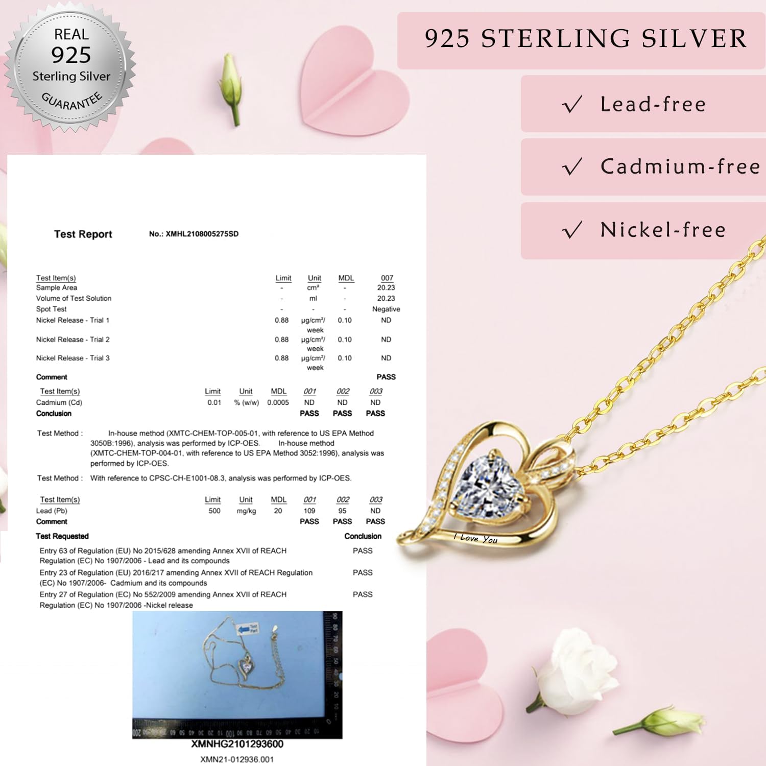 Detalle de LAVUMO Herz Kette für Damen aus 925 Silber, Messing & „I love you“ Gravur – personalisiertes Schmuckgeschenk