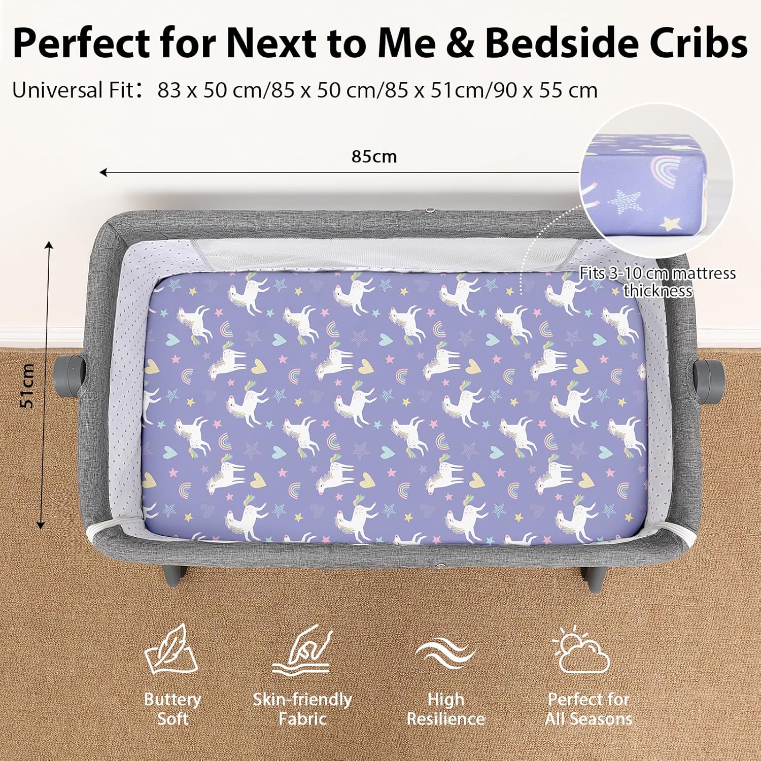 Detalle de FIEMOL Baby Spannbettlaken Beistellbett 55x90 cm – 3er-Pack Mikrofaser, ultrasanft & seidigglatt, lila Regenbogen