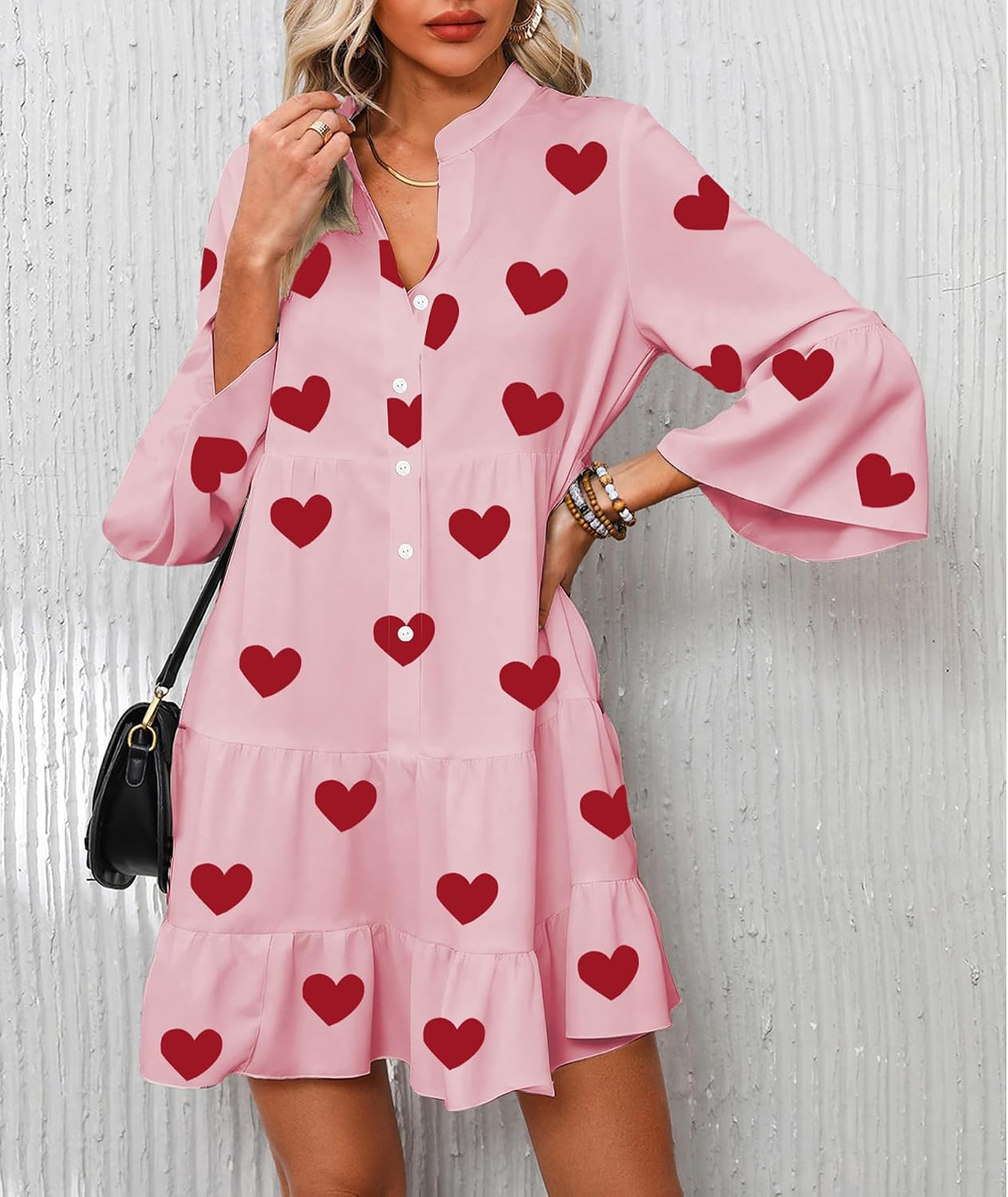 Detalle de Opemiby 2026 Flowy Ruffle Mini Dress — Boho 3/4 Sleeve V-Neck Babydoll