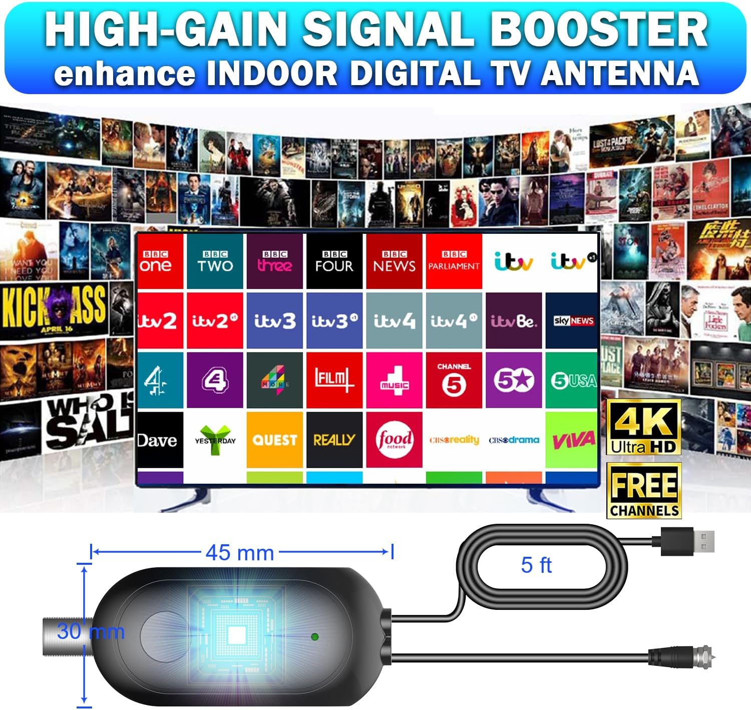 Thumbnail 1 de TV Aerial Booster Amplifier for Freeview HD – High Gain USB-Powered Indoor Signal Booster