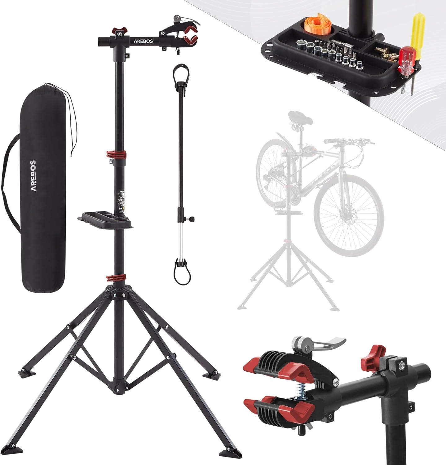 Detalle de Arebos Fahrrad-Montageständer mit Tasche – 360° drehbar, belastbar bis 30 kg