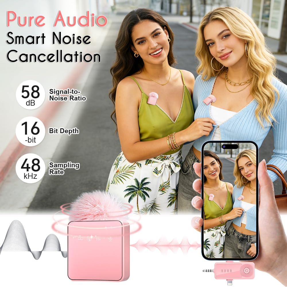 Thumbnail 1 de Therivo WLM-00 Wireless Lavalier Microphone, 3-in-1 Receiver, Pink 2-Pack