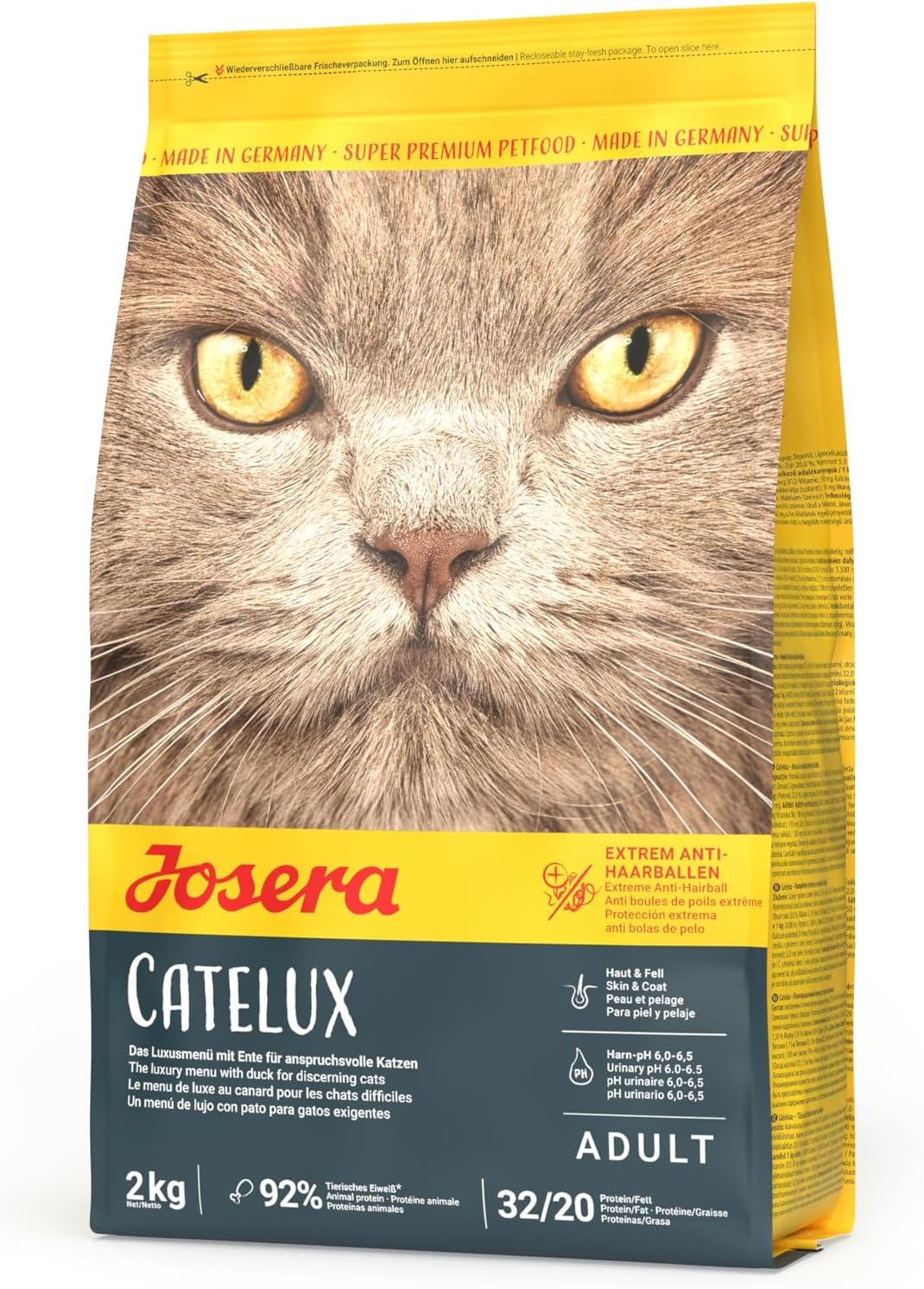 Detalle de JOSERA Catelux Adult Trockenfutter mit Ente & Kartoffel – Glänzendes Fell, weniger Haarballen
