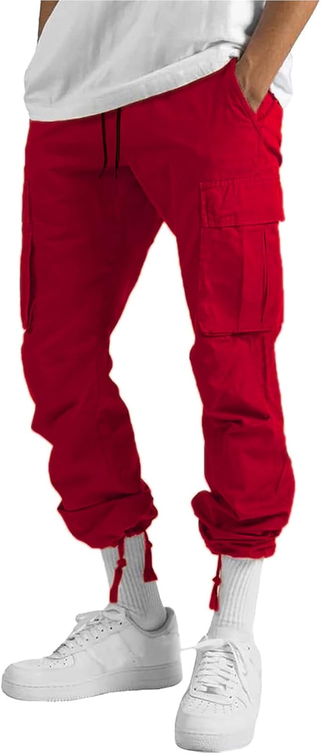 Detalle de HUNGSON Men’s Cargo Pants Drawstring Casual Hiking Joggers (Loose Straight Cotton)