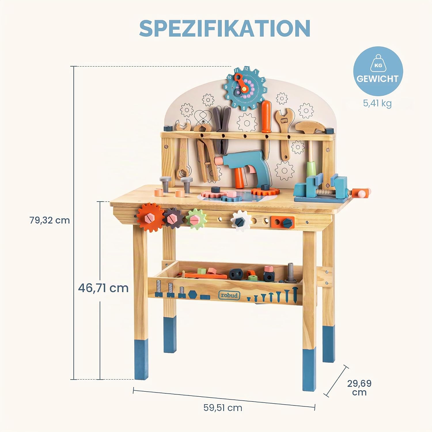 Detalle de ROBUD Holz Werkbank für Kinder – robuste Spielzeug-Werkbank aus Holz, ab 3 Jahren