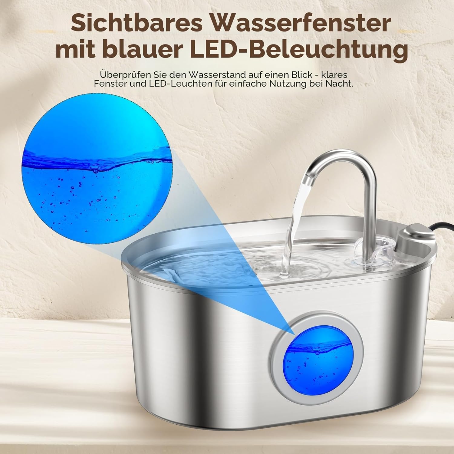 Detalle de Invengo MeowFlow B30 Trinkbrunnen für Katzen (2,2 l) aus Edelstahl mit Wasserfenster