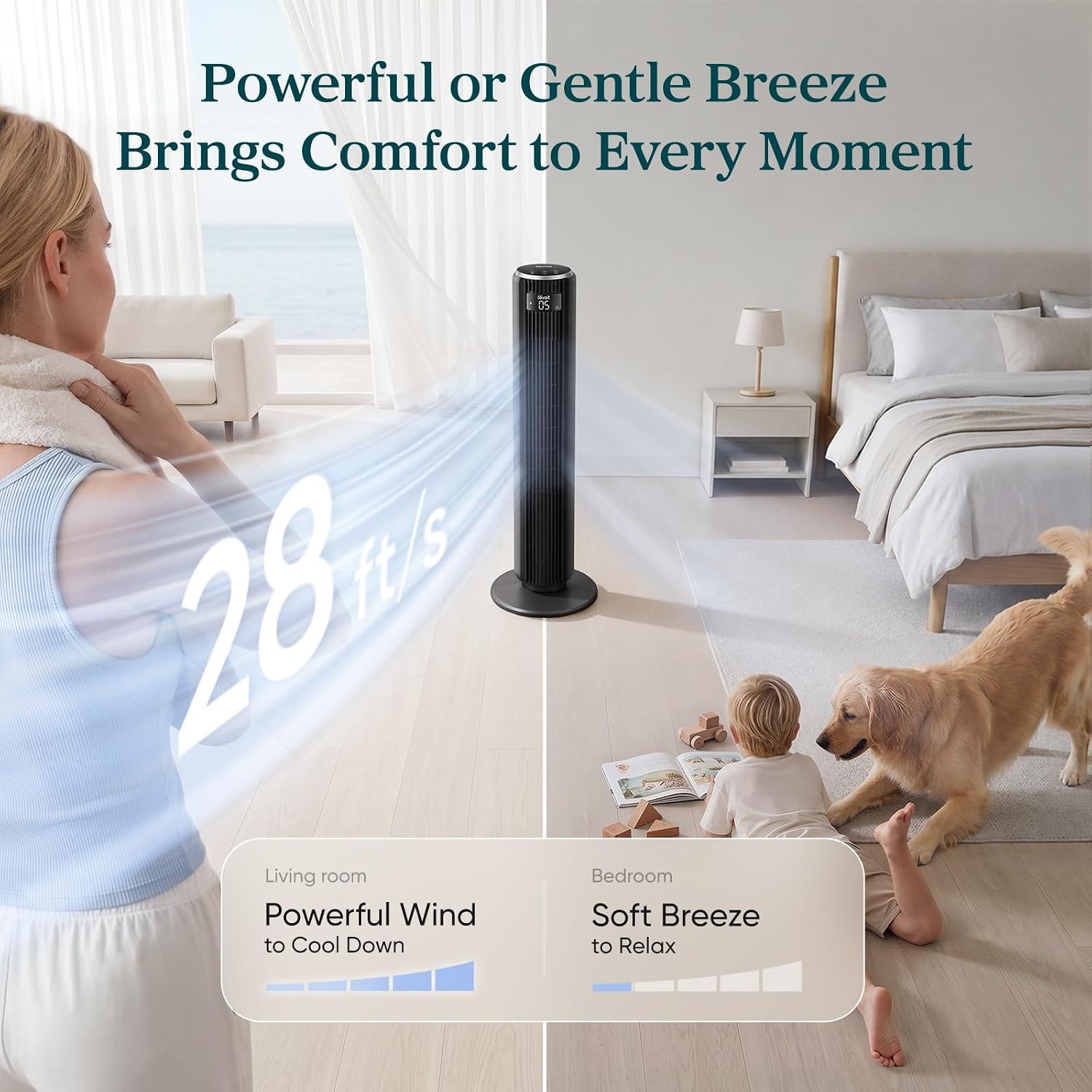 Detalle 2 de Levoit Classic 36-Inch Tower Fan for Bedroom: Quiet, Auto-Adjusting Cooling with Remote