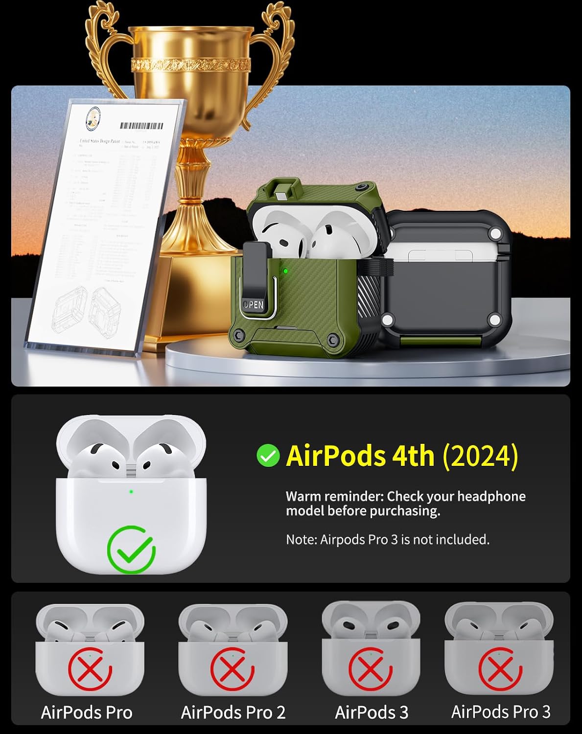 Detalle de Pohgelan AirPods 4 Case with Safety Lock in Dark Green — Carbon Fiber Texture, MagSafe Compatible