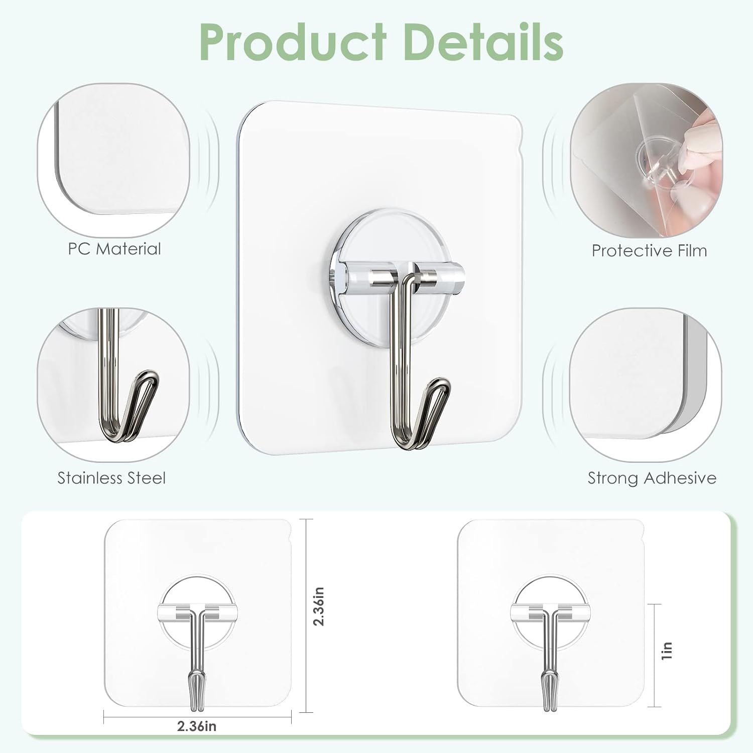 Detalle de Lomrsiul HK001 Clear Adhesive Wall Hooks, 10-Pack, 13 lb Capacity