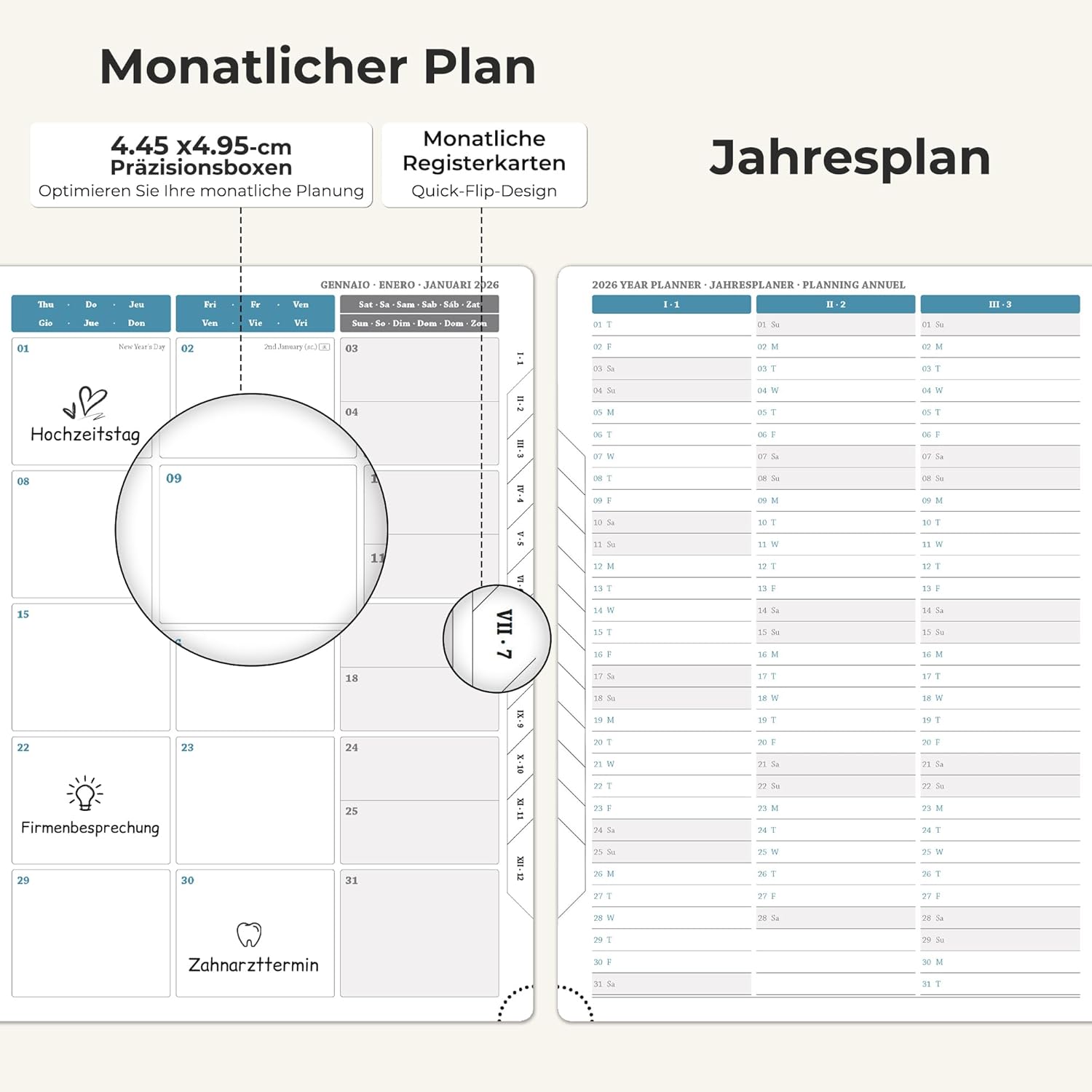 Thumbnail 3 de IN-LUXPRO Kalender 2026: A4 Buchkalender 29 × 21,7 cm – Wochenplaner mit 100GSM Papier, PU-Leder Marineblau