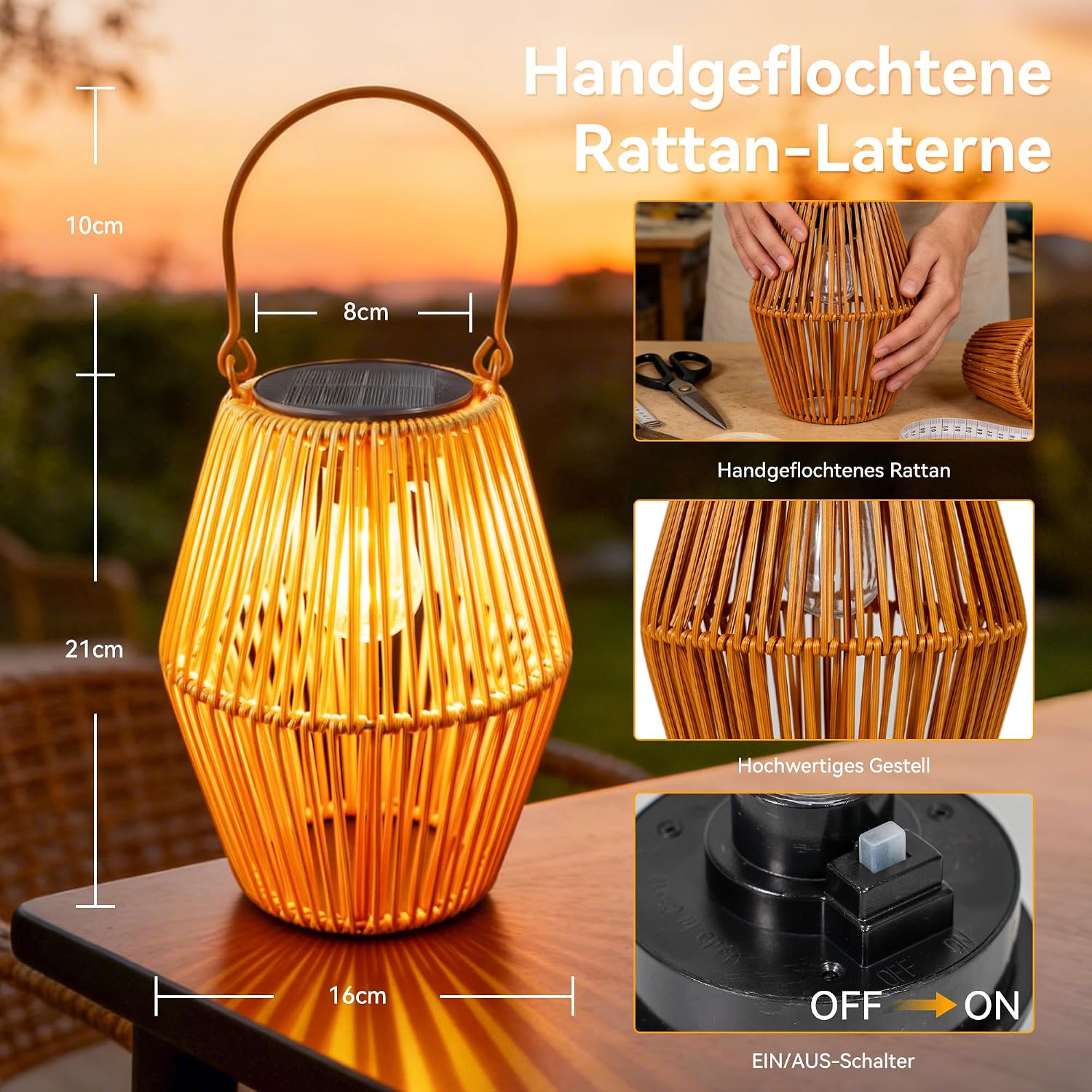 Detalle de Ollny Lanternes Solaire Exterieur – 2 Pièces en Rotin Bohême, Blanc Chaud