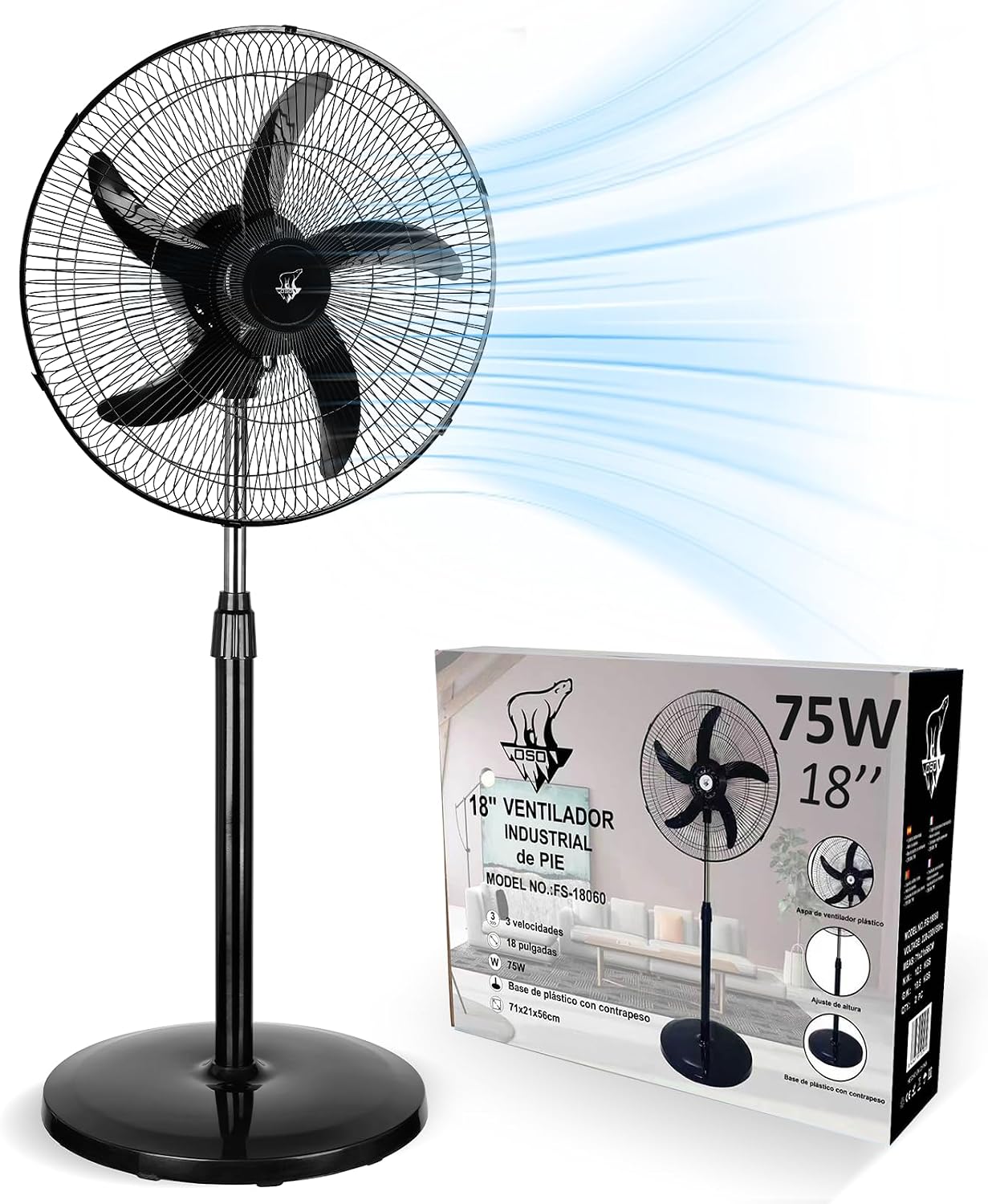 Detalle de Lirixia Ventilador de Pie Potente 75W, 18" con Altura Regulable y Oscilación 120°