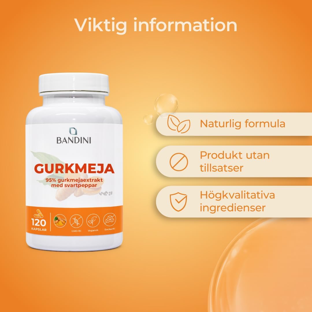 Detalle de BANDINI Turmeric gurkmejakapslar, 120 kapslar med svartpeppar och piperin