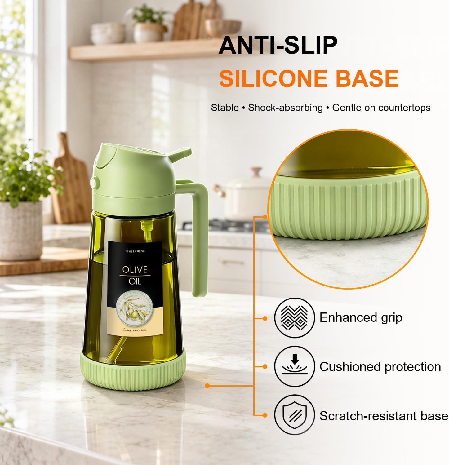 Detalle de TrendPlain Ver002 470 mL Glass Olive Oil Dispenser and Sprayer, Green