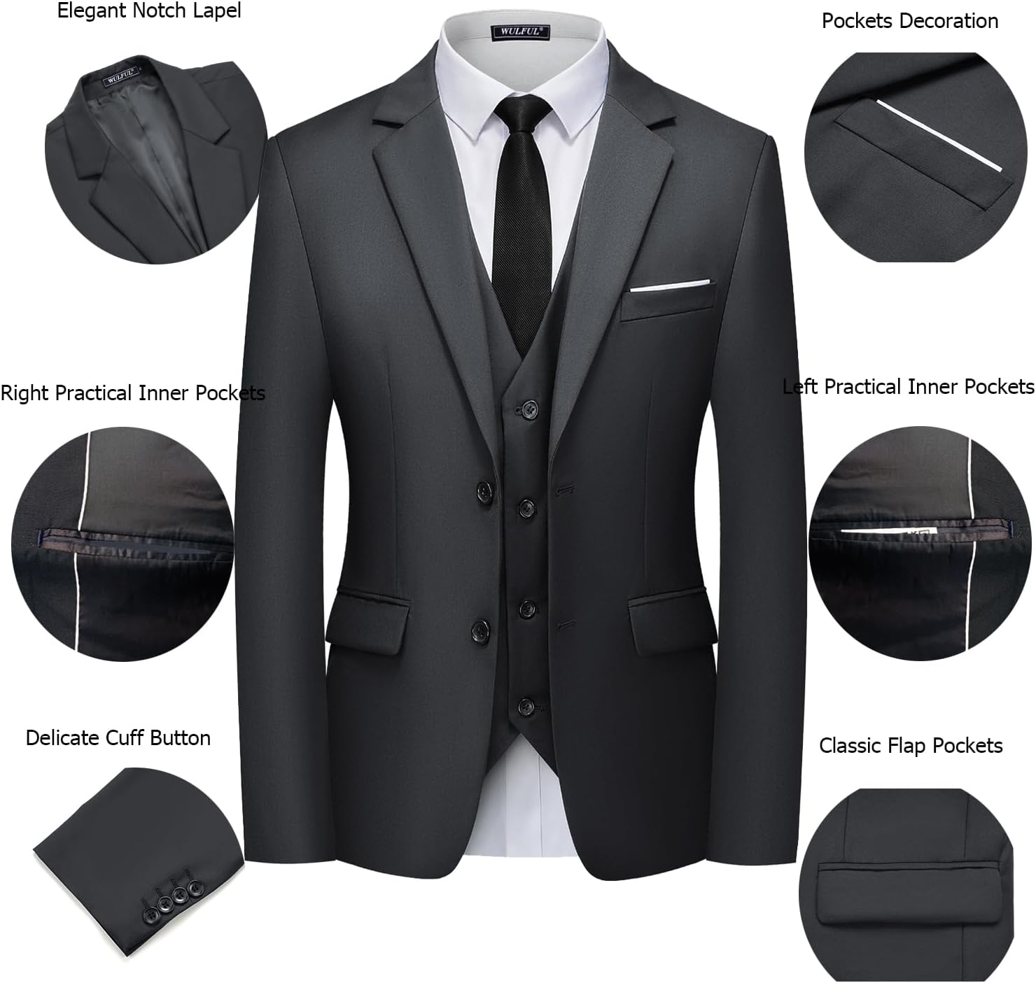 Detalle 2 de WULFUL Men's 3-Piece Slim Fit Suit Set