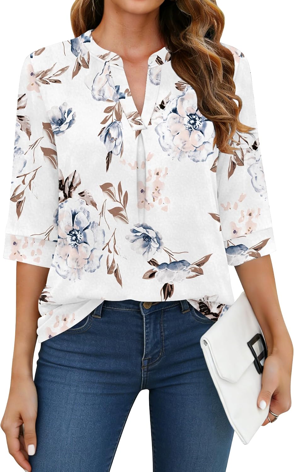 Detalle de WNEEDU Maglietta donna a manica 3/4 con scollo a V – T-shirt estiva basic elegante