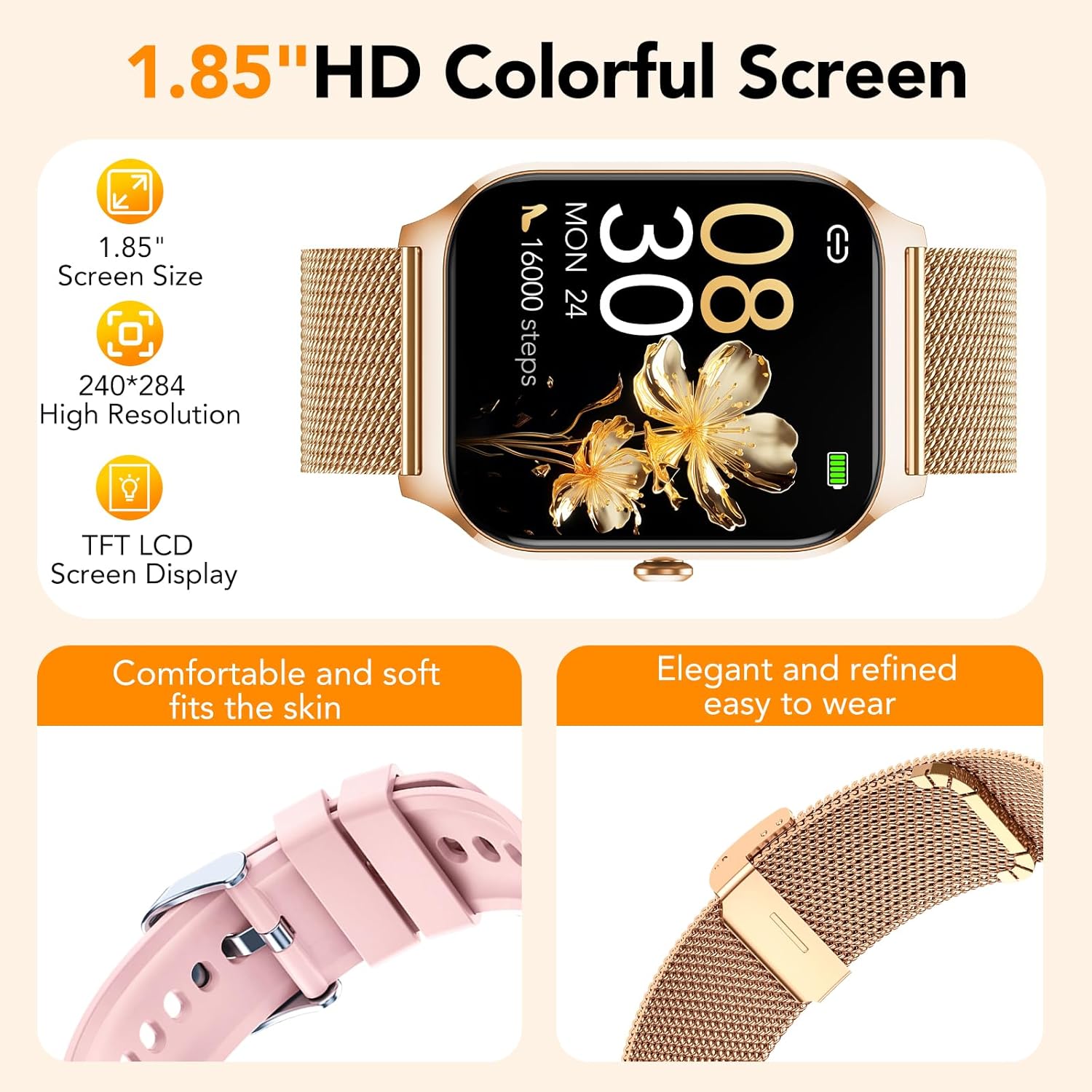 Thumbnail 5 de CASCHO Montre connectée femme 1,85" HD avec appels Bluetooth, fréquence cardiaque, SpO2 et suivi du sommeil (doré)