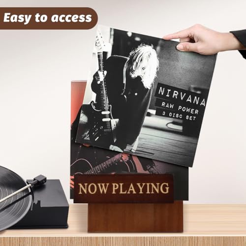 Detalle de Klomveris Vinyl Record Stand: Classic Wood Albums Now Playing Display