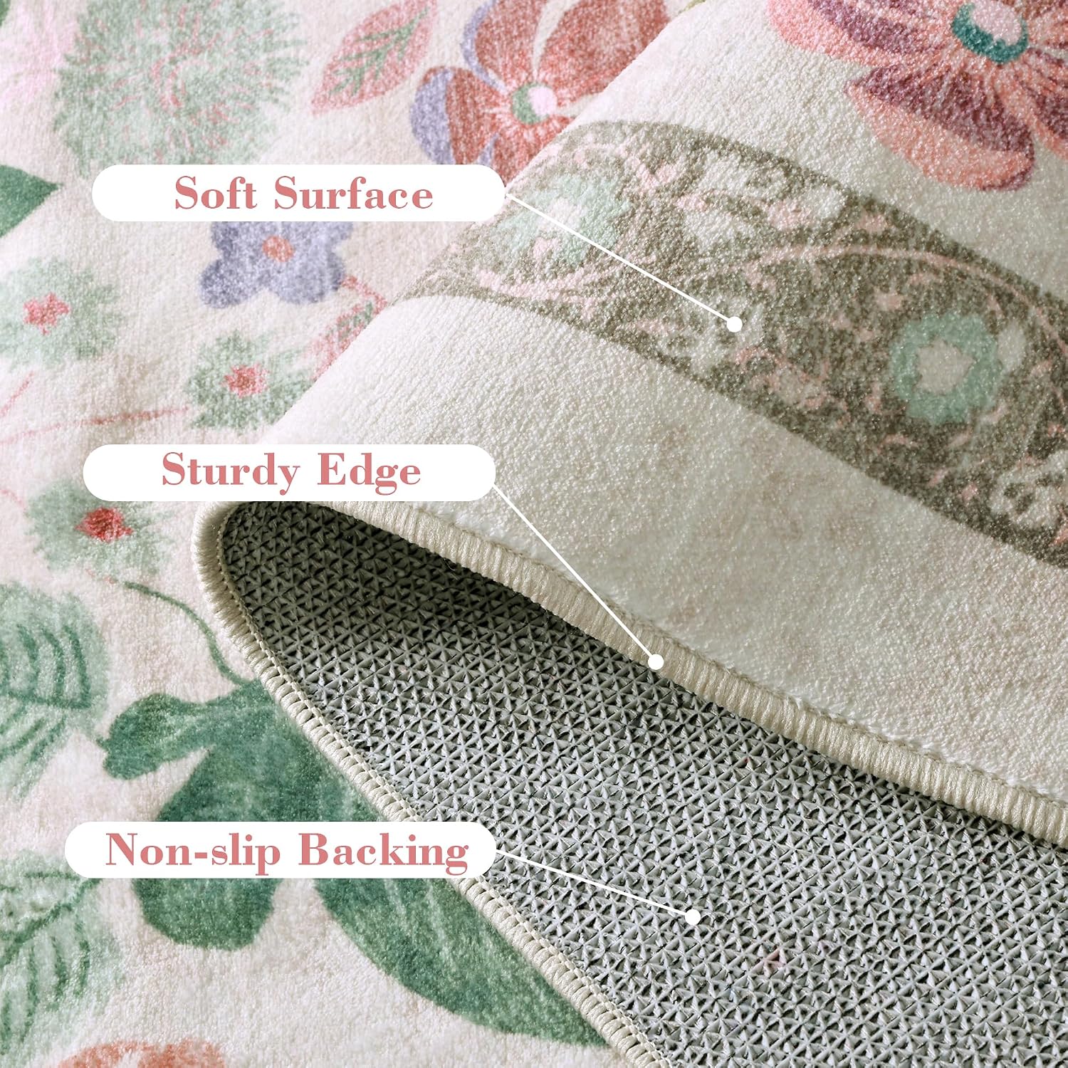 Detalle de Deerly 2' x 6' Floral Runner Rug, Washable Low-Pile Faux Wool