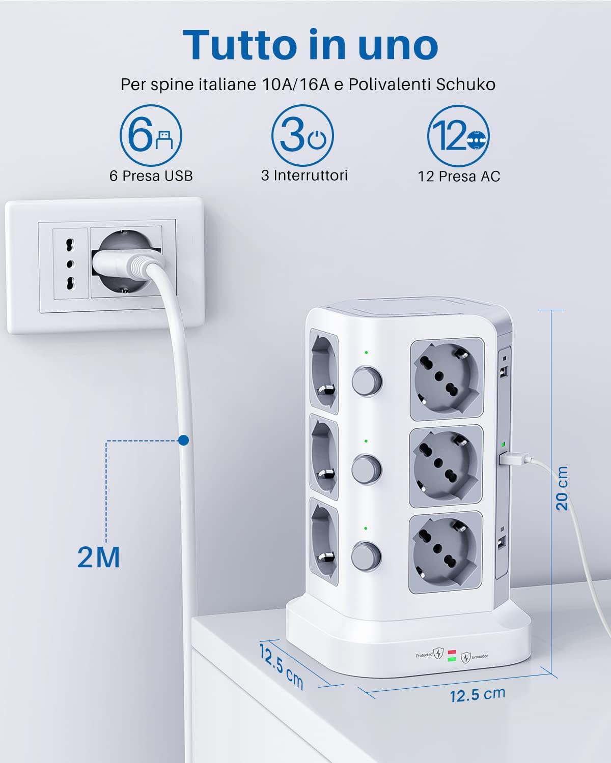 Thumbnail 1 de KOOSLA Ciabatta Elettrica con 12 prese universali ITA, 6 USB-A e protezione sovratensione