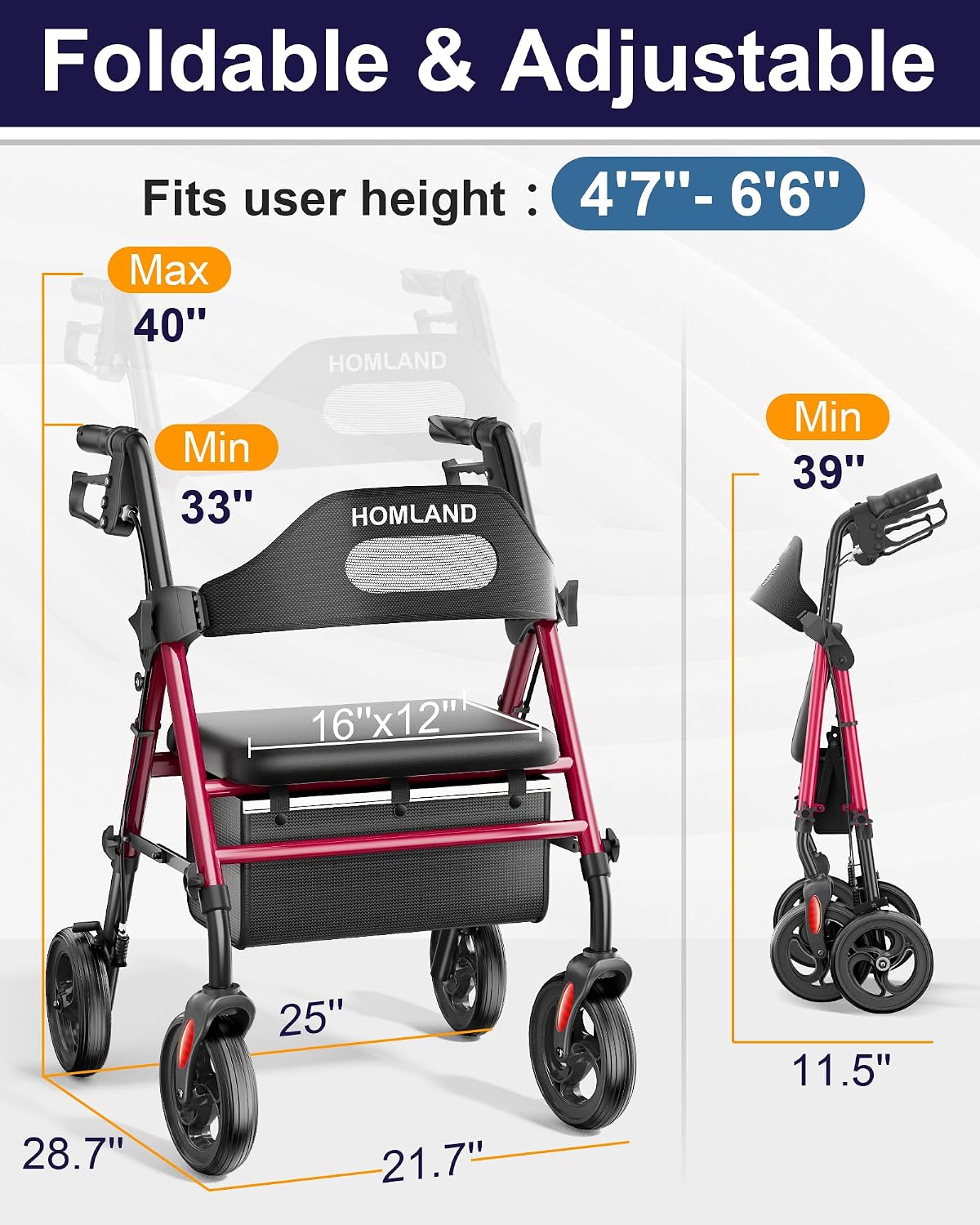 Thumbnail 5 de HOMLAND Foldable Rollator Walker 350 lb. capacity 🦽