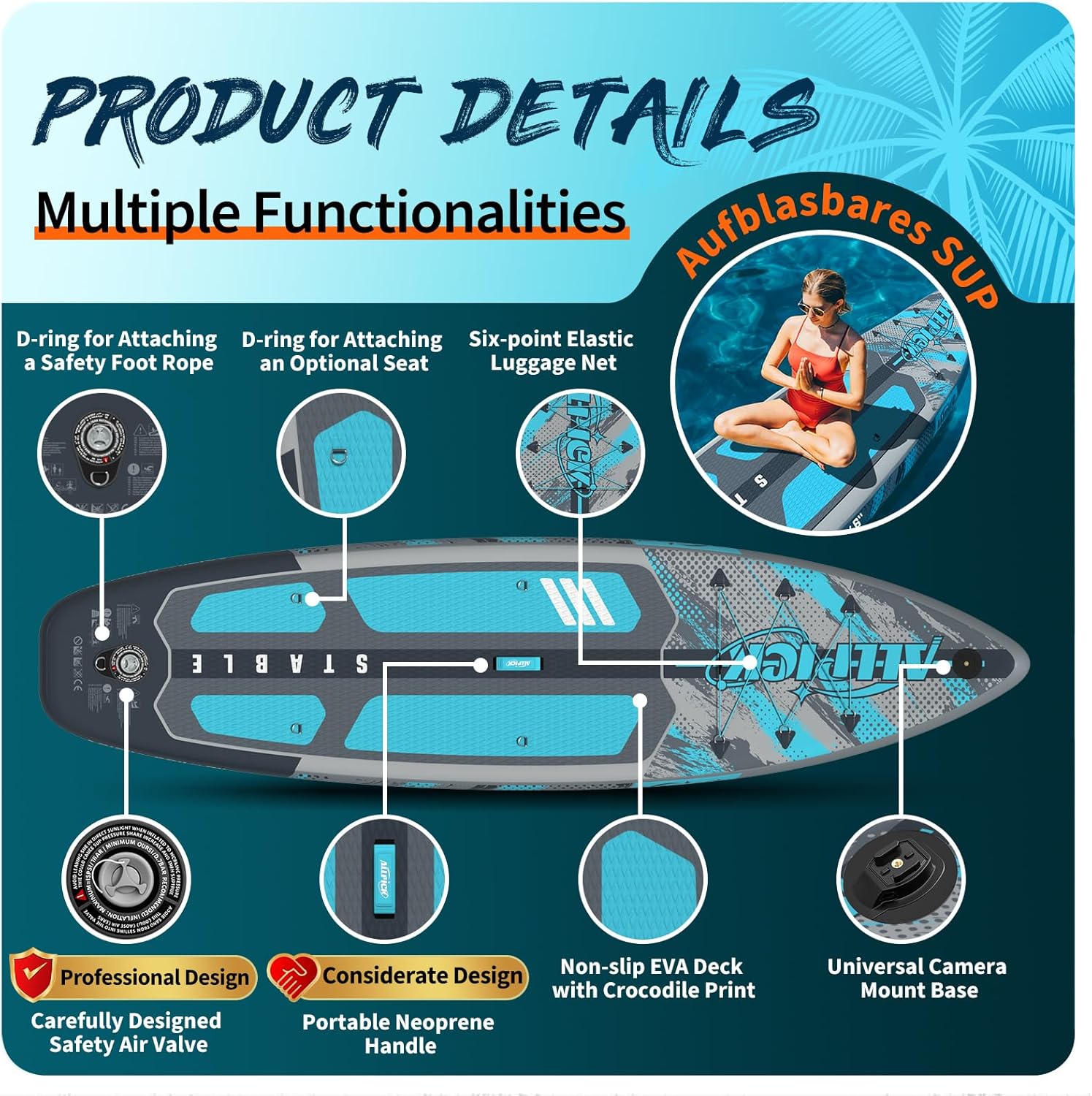 Detalle 2 de ALLPICK Premium SUP Board Set – Aufblasbares Stand Up Paddle Board mit Kamera-Halterung