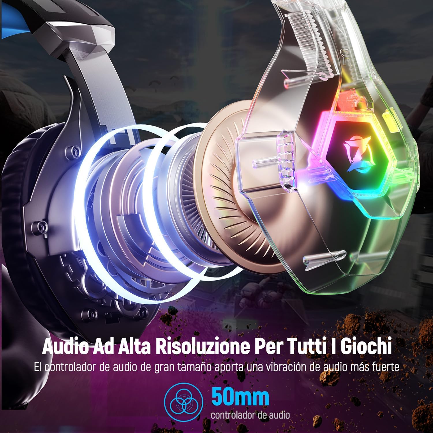 Detalle de Ozeino Cascos Gaming 50 mm con RGB