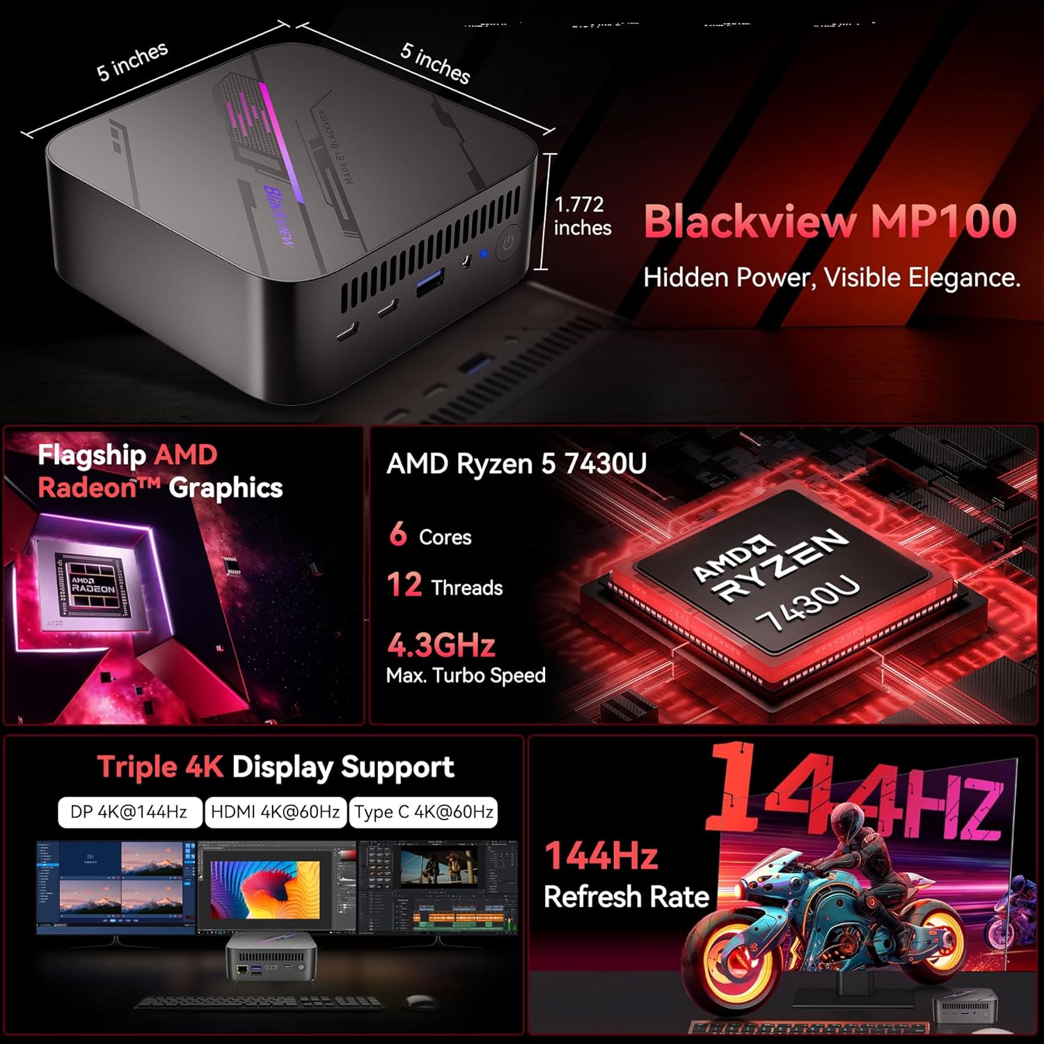 Detalle de Blackview MP100 Mini PC with Windows 11 Pro (3 Years Guarantee) – 16GB RAM, 512GB SSD, Ryzen 7 7430U, Triple 4K 144Hz Display