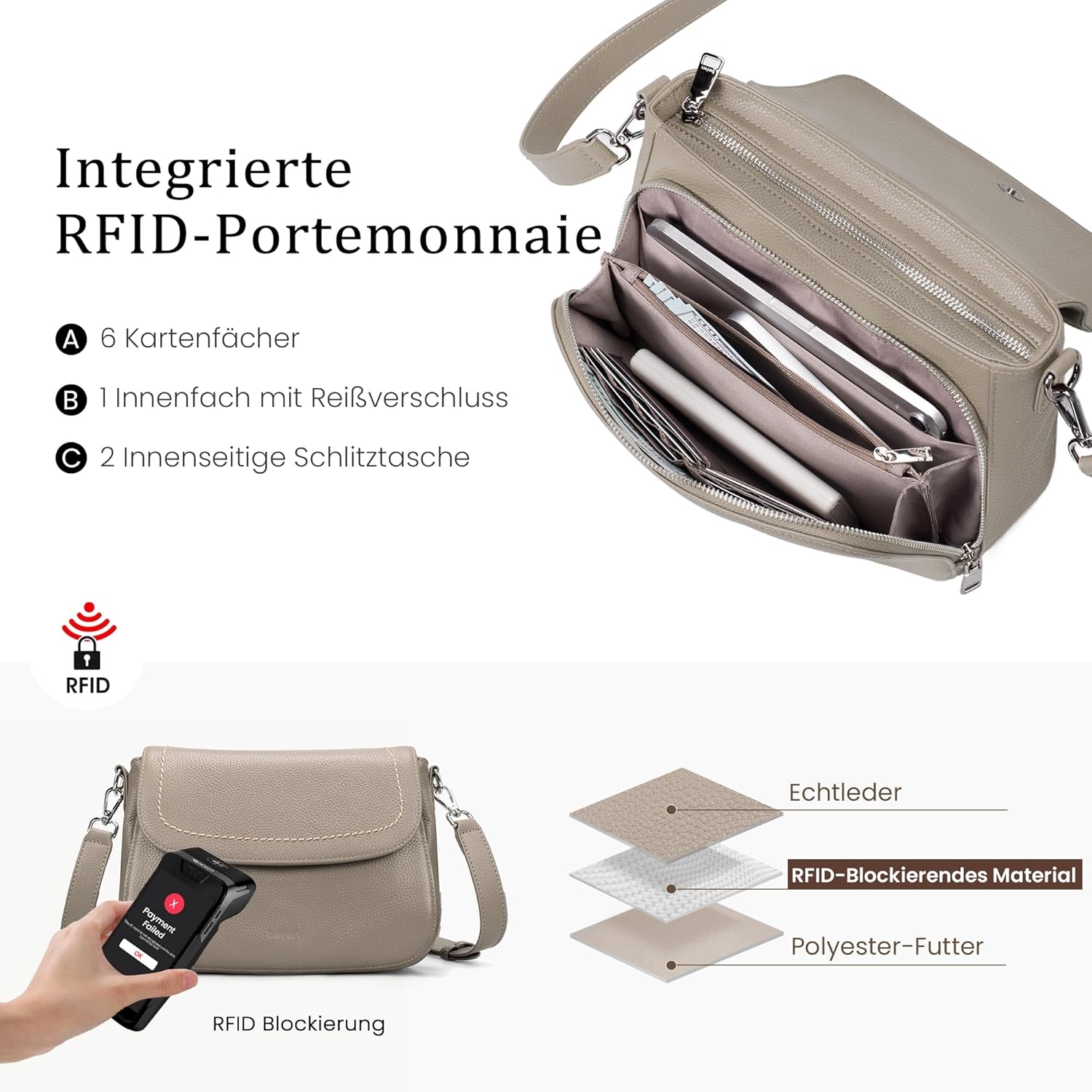 Thumbnail 3 de befen Echtleder Umhängetasche Damen Mittelgroß mit RFID-Brieftasche – Saddle Bag Crossbody