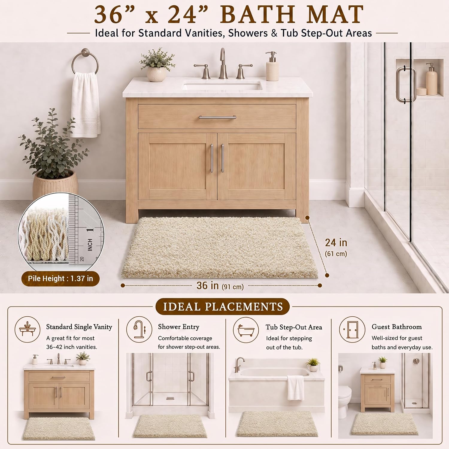 Detalle 2 de Yimobra 36x24 Plush Bathroom Rugs Non-Slip Washable Bath Mat (Light Beige and White)