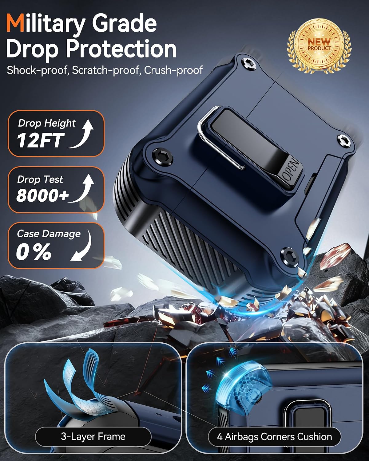 Detalle 2 de Tecolu AirPods Pro 3 Case 2025, Hybrid Protective Case with Lock and Stand