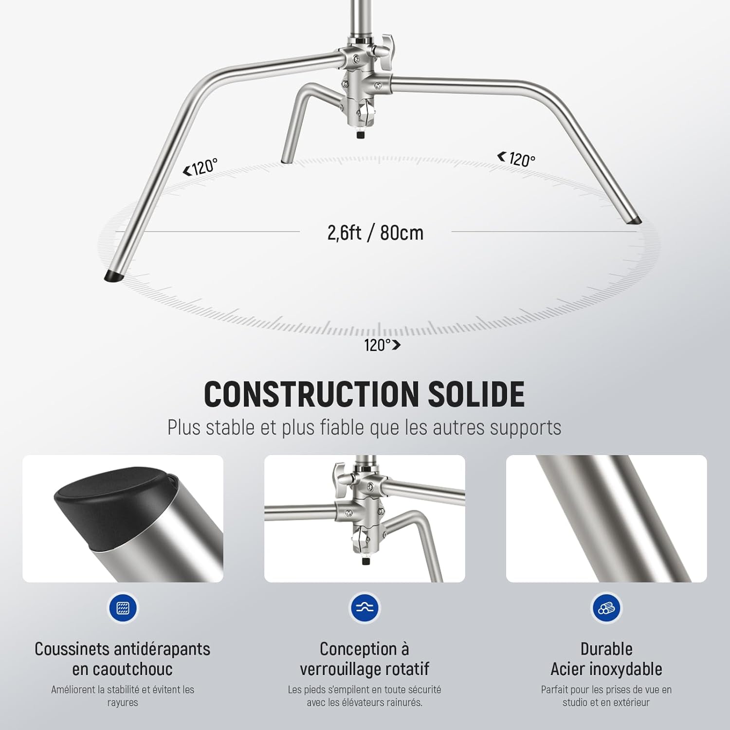 Detalle de NEEWER Support en C inox avec roulettes pivotantes 360° – hauteur 110 à 186 cm et bras de perche 83 cm
