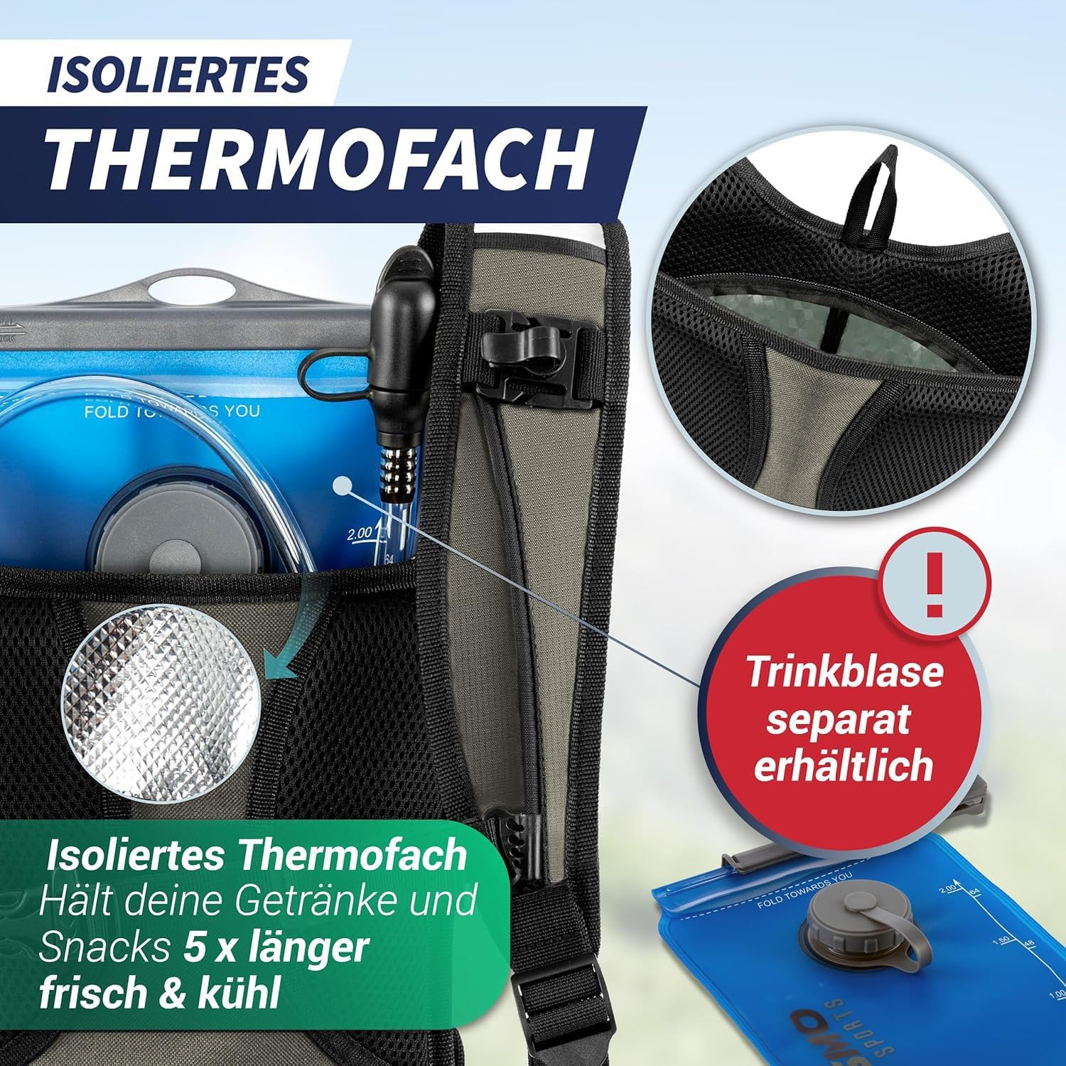 Thumbnail 3 de SASMO® Laufrucksack 6L (Sand) mit Thermofach – ultraleichter Lauf-Rucksack mit Regenschutz & Reflektoren