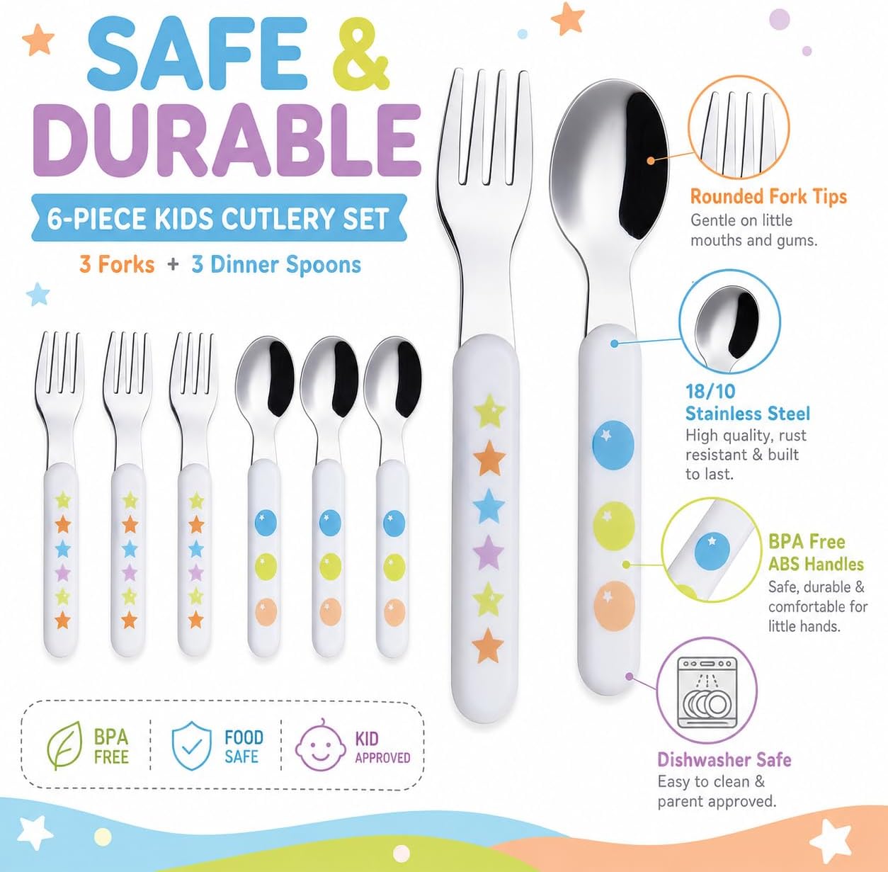Detalle 1 de Exzact WF16 6-Piece Kids’ Cutlery Set, 18/10 Stainless Steel, BPA-Free Handles