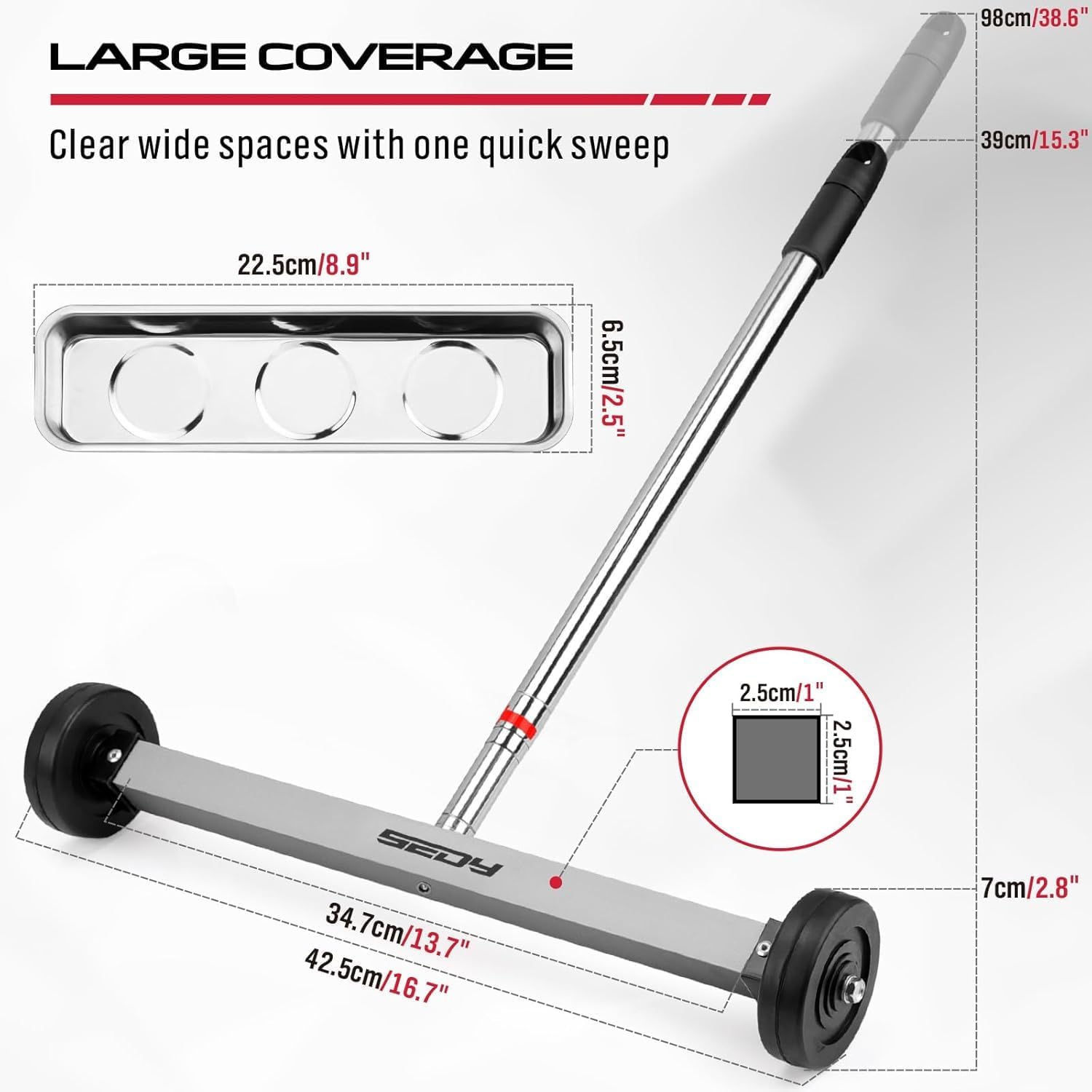 Detalle 2 de Magnet Sweeper Magnetic Nail Roller 17-Inch with Telescoping Handle – Heavy Duty Nail Pickup for Workshop, Garage and Yard