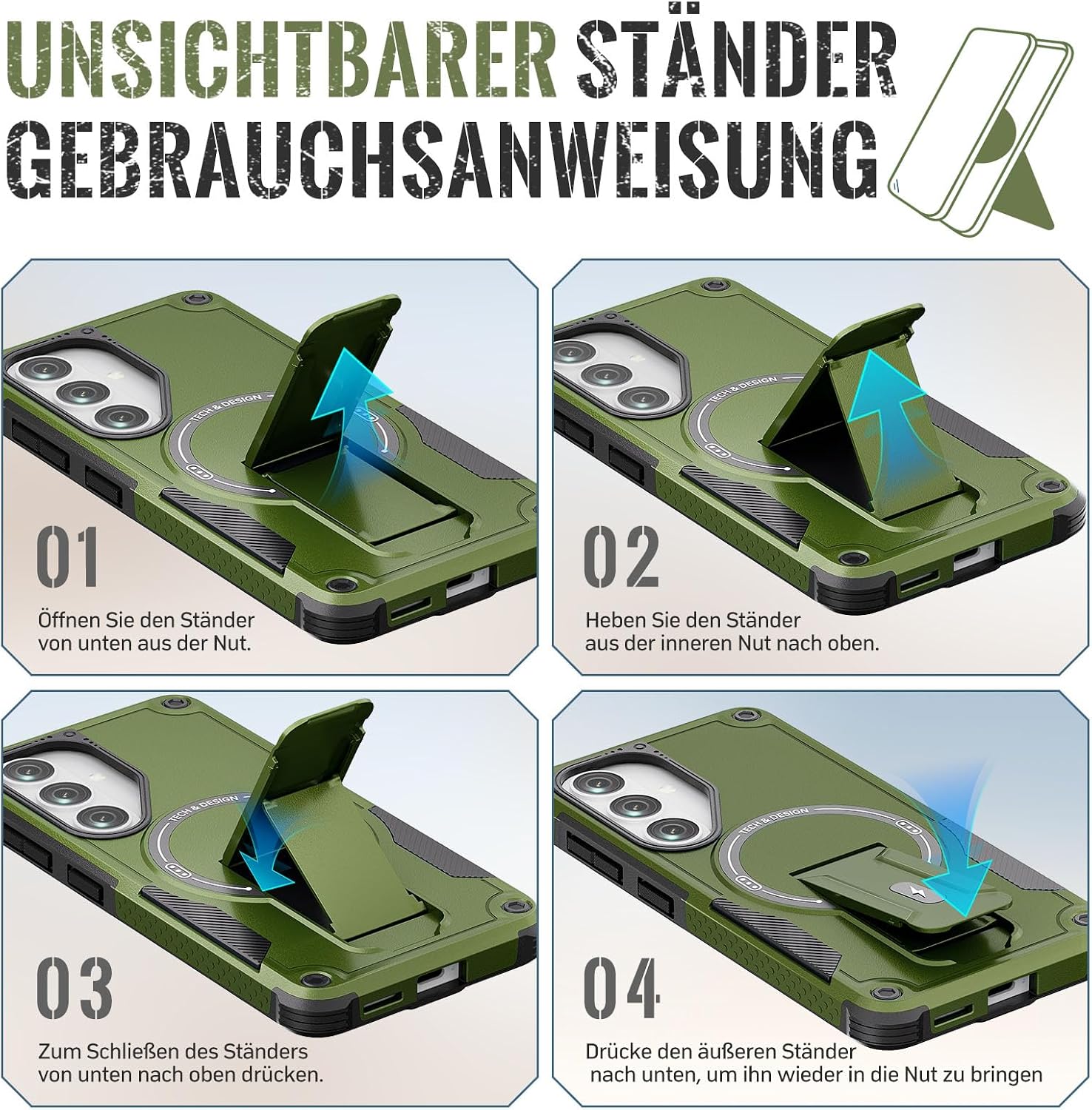 Detalle 1 de Leedia Magnetische Hülle für Samsung Galaxy S26 – Dual-Layer Schutz mit verstecktem Ständer, 2 Displayschutzfolien & 2 Kameraschutz, Grün
