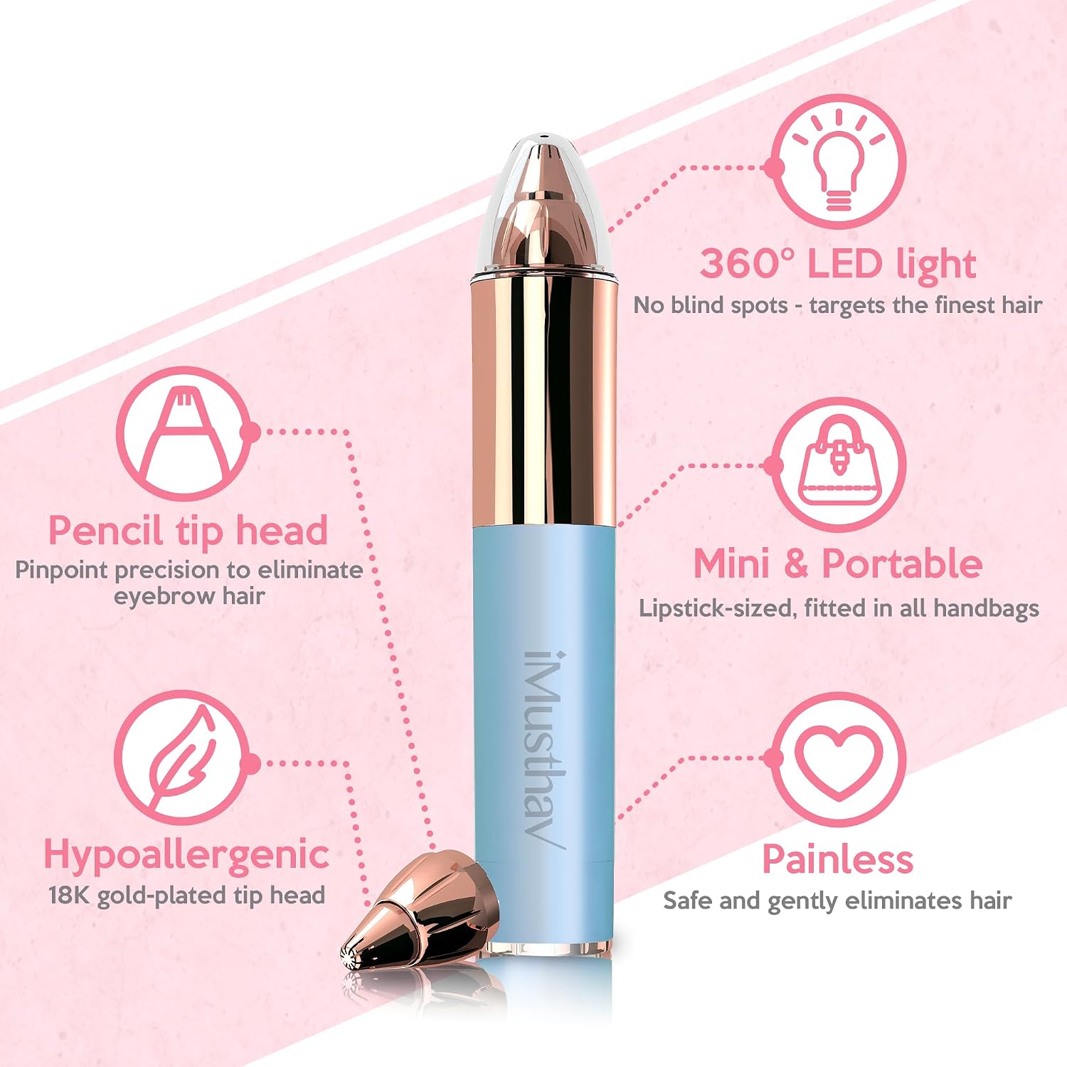 Thumbnail 1 de iMusthav Mini Portable Eyebrow Removal Trimmer for Women with 18K Gold-Plated Tip