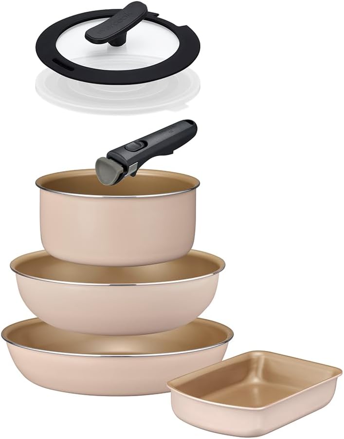 Detalle de ドウシシャ evercook fit 着脱式ハンドル フライパンセット 7点 IH・ガス火対応 アイボリー