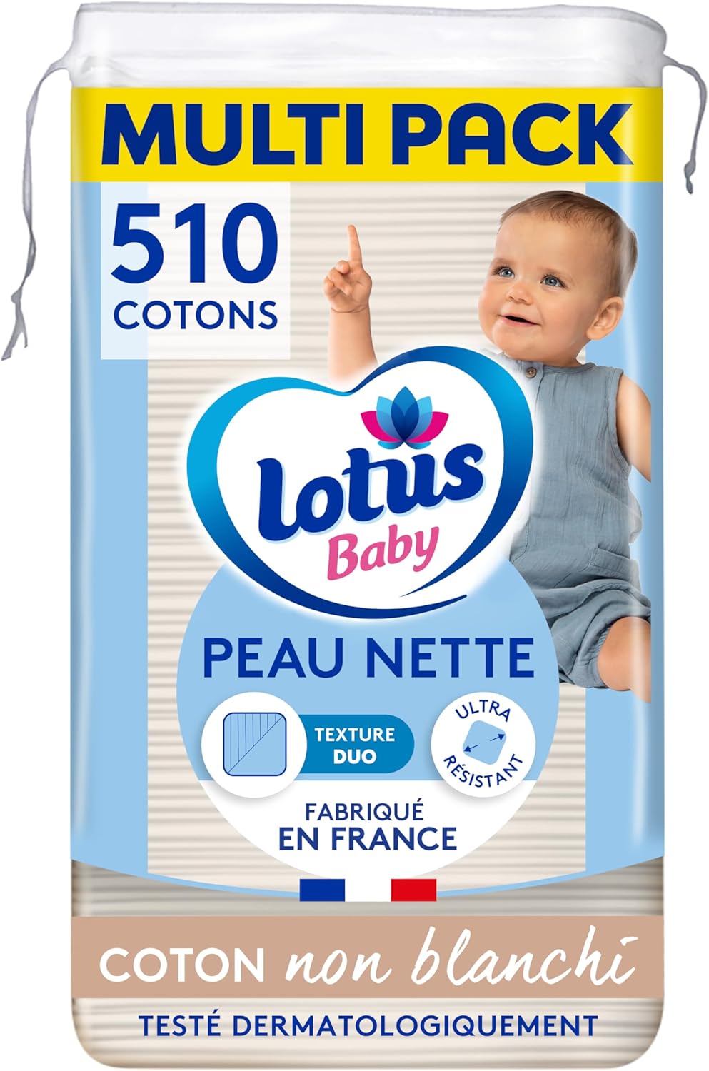 Detalle de Lotus Baby Peau Nette – Cotons bébé 510 carrés (6 paquets de 85) – coton naturel, douceur et fiabilité