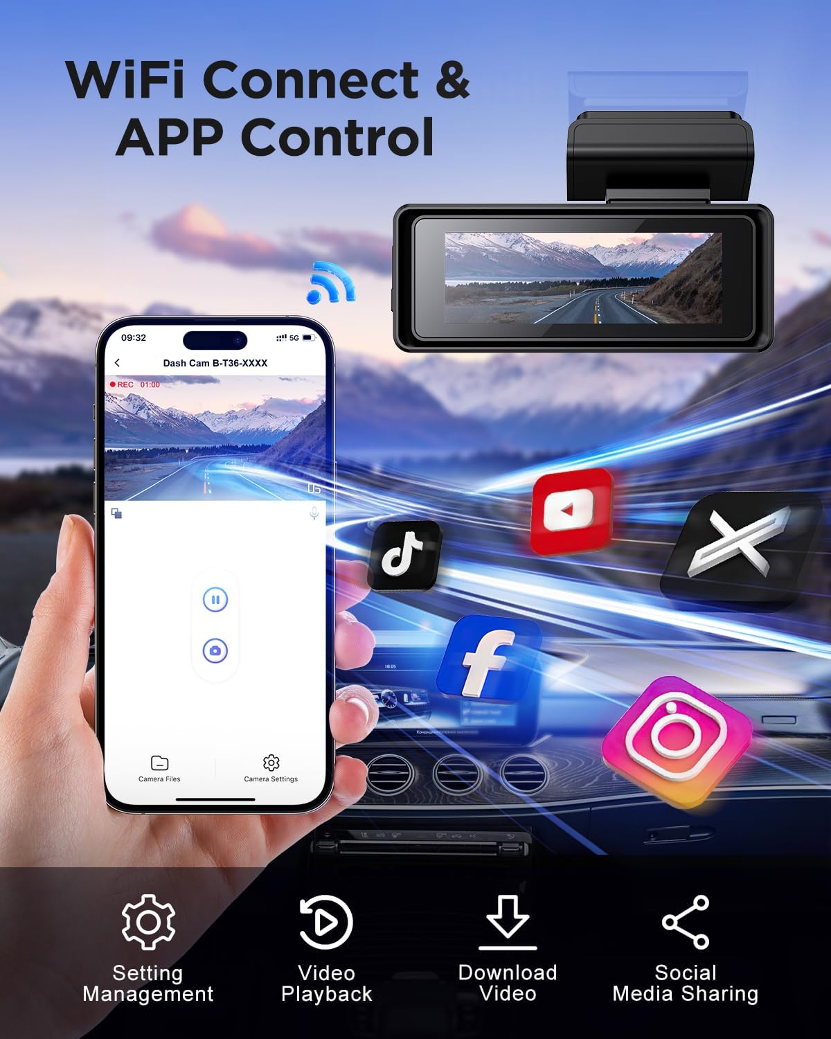 Detalle de PENEMAY Dash Cam Front and Rear 4K+1080P with Free 64GB Card — 2.99” IPS, Wi‑Fi, 24H Parking, G‑Sensor