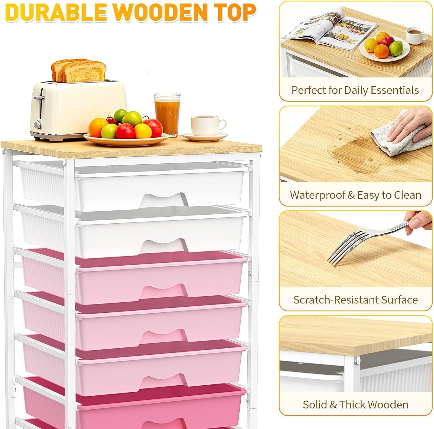 Detalle 2 de SUNALLY SN-SDC08PK 8-Drawer Rolling Storage Cart with Wood Top, Pink