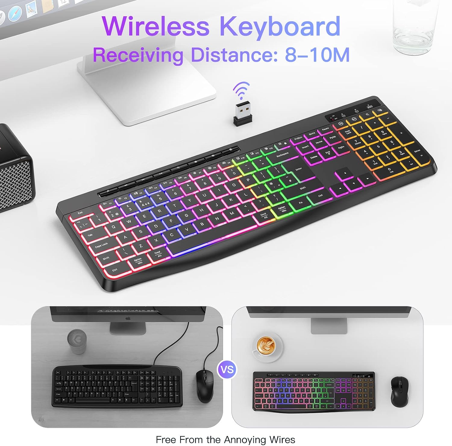 Detalle de TECURS Wireless Keyboard (UK QWERTY) 2.4G Gaming Keyboard with LED Backlight, Rechargeable Battery & Multimedia Keys